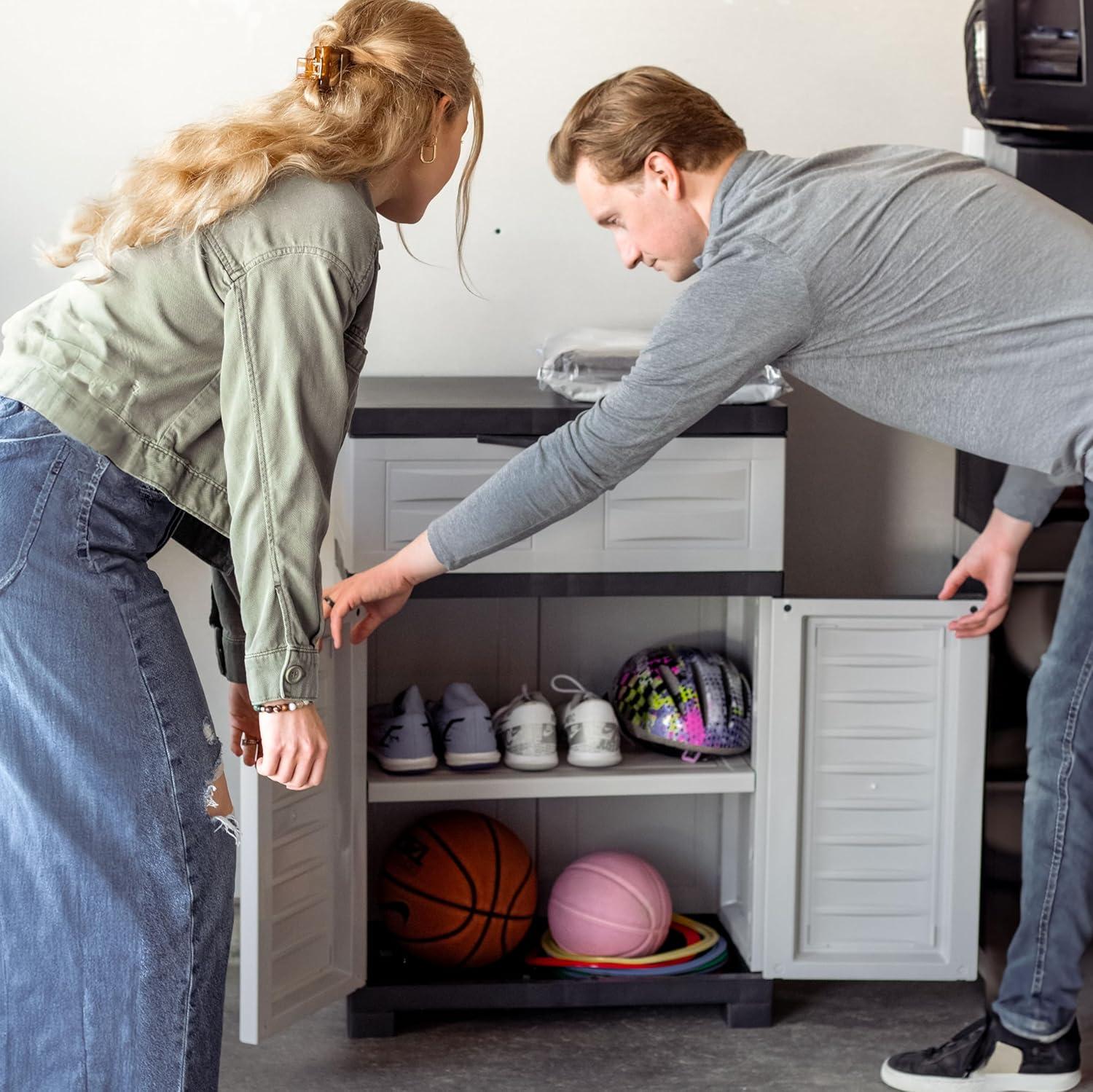 Sunnydaze Versatile Plastic Storage Cabinet with Adjustable Shelf - Gray with Charcoal Trim - 34.5"