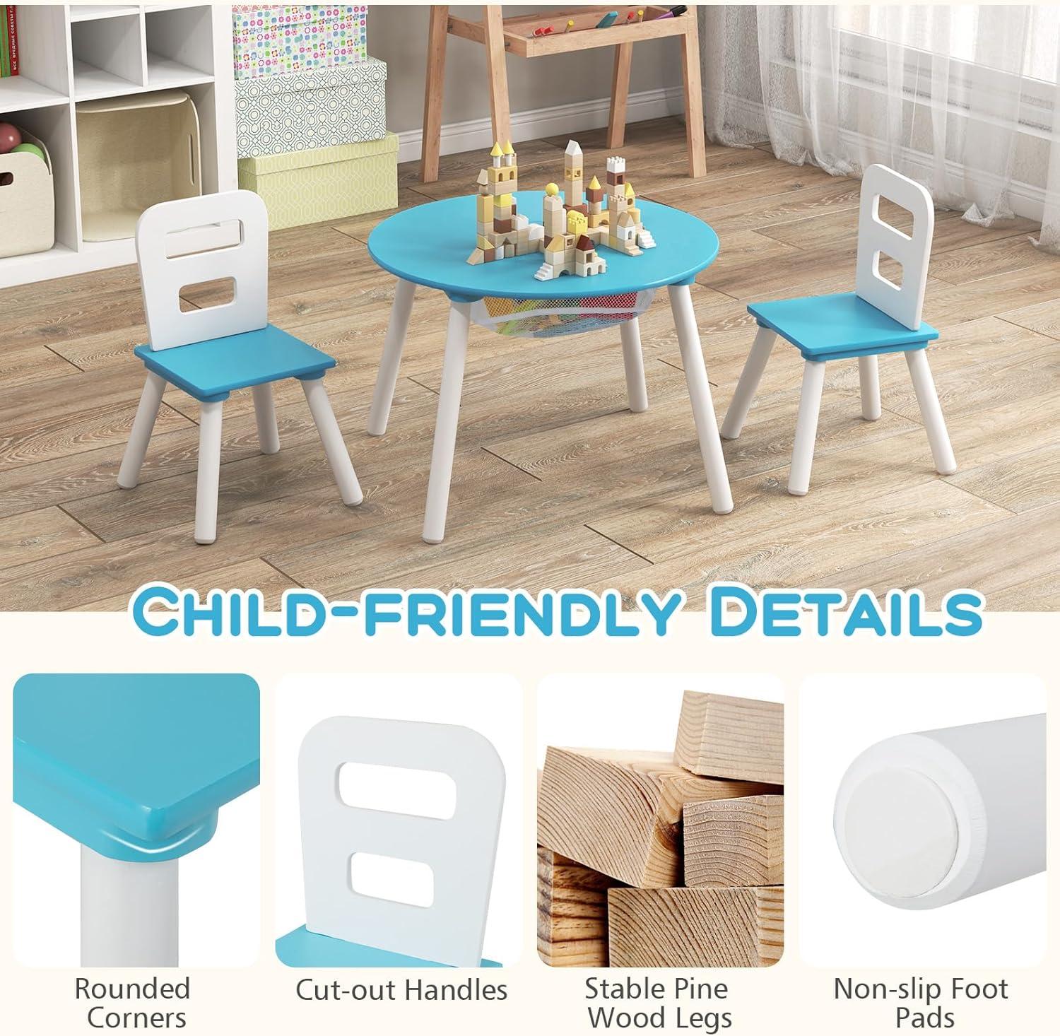 INDSUMOT Kids Table and Chair Set, Wooden Children Activity Table and 2 Chairs for Art & Craft, Storage Mesh Basket, 3-Piece Toddler Furniture Set for Daycare & Playroom, Gift for Boys Girls(Blue)