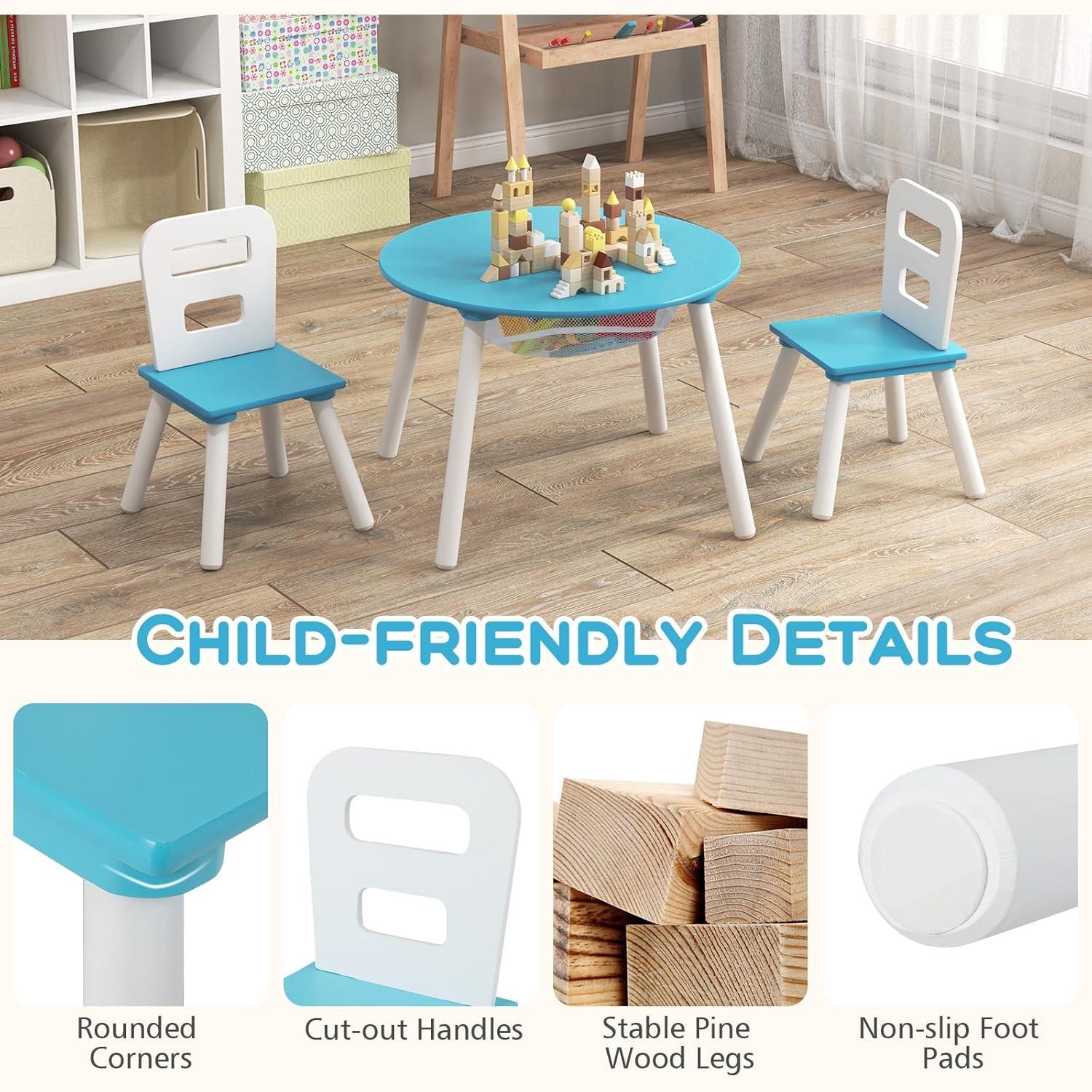 INDSUMOT Kids Table and Chair Set, Wooden Children Activity Table and 2 Chairs for Art & Craft, Storage Mesh Basket, 3-Piece Toddler Furniture Set for Daycare & Playroom, Gift for Boys Girls(Blue)
