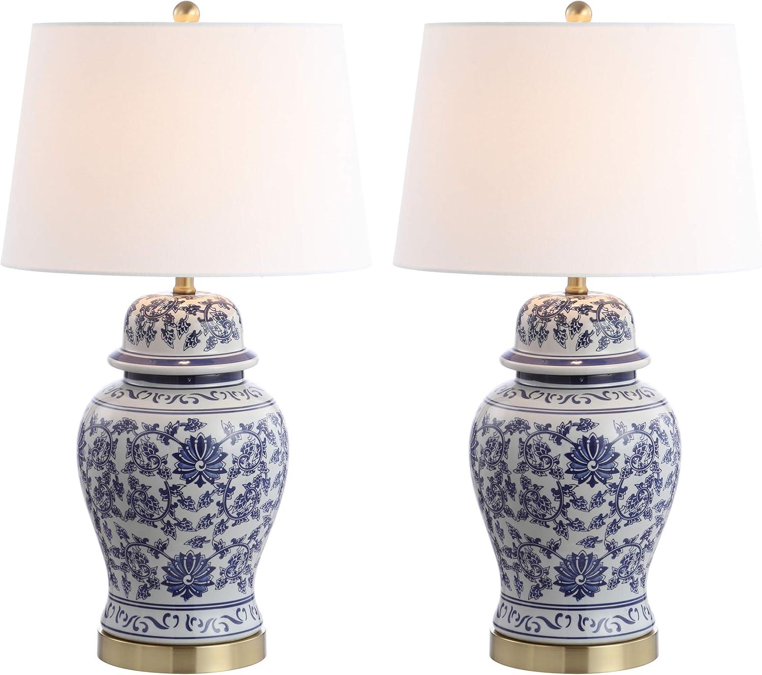 Elegant Arwen Blue and White Ceramic Table Lamp Set with Brass Accents