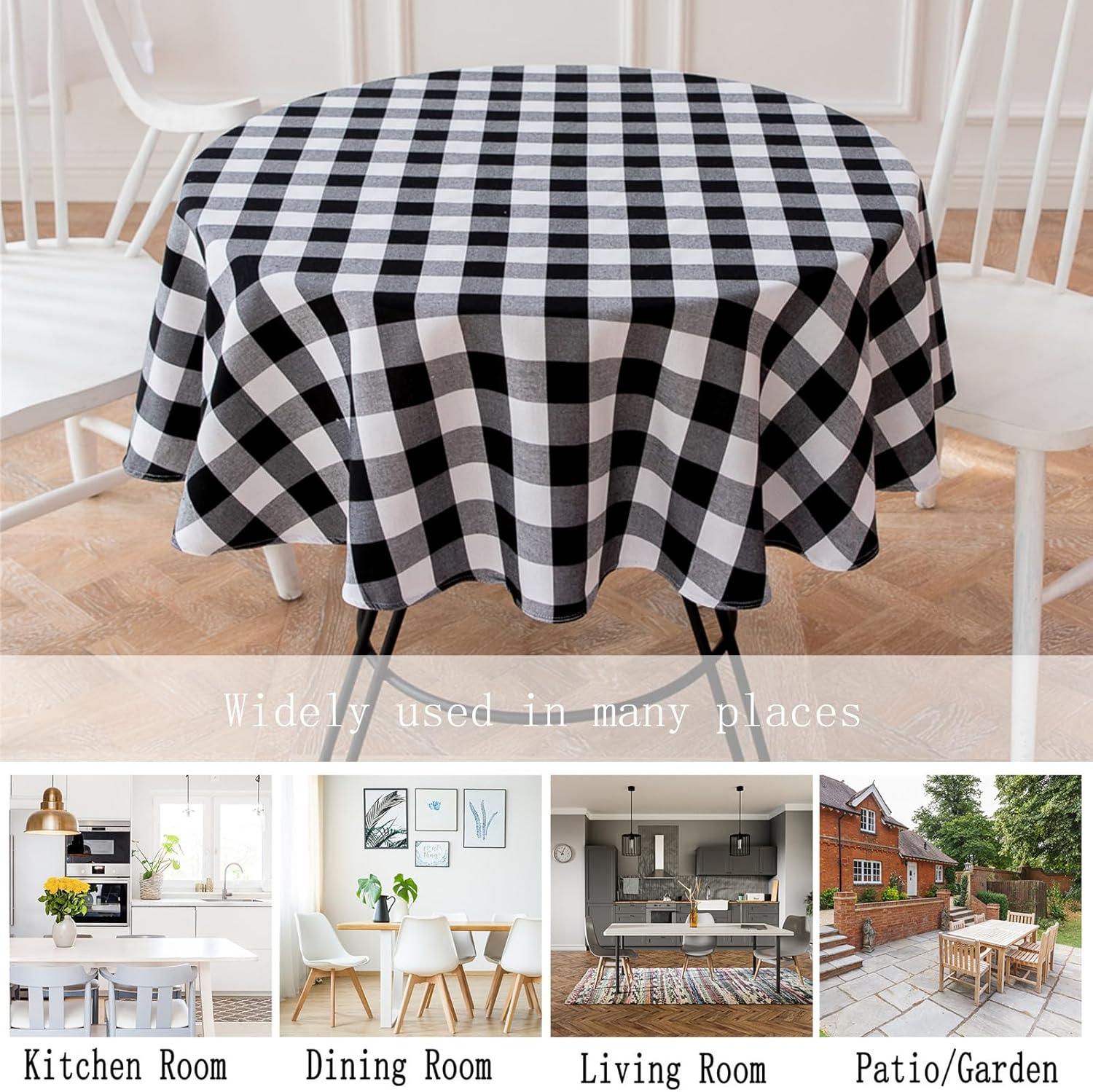 Buffalo Plaid Round Tablecloth Checkered Cotton Linen Table Cover for Kitchen Dining Room Home Decor ( Round - 48 Inch, White & Black )