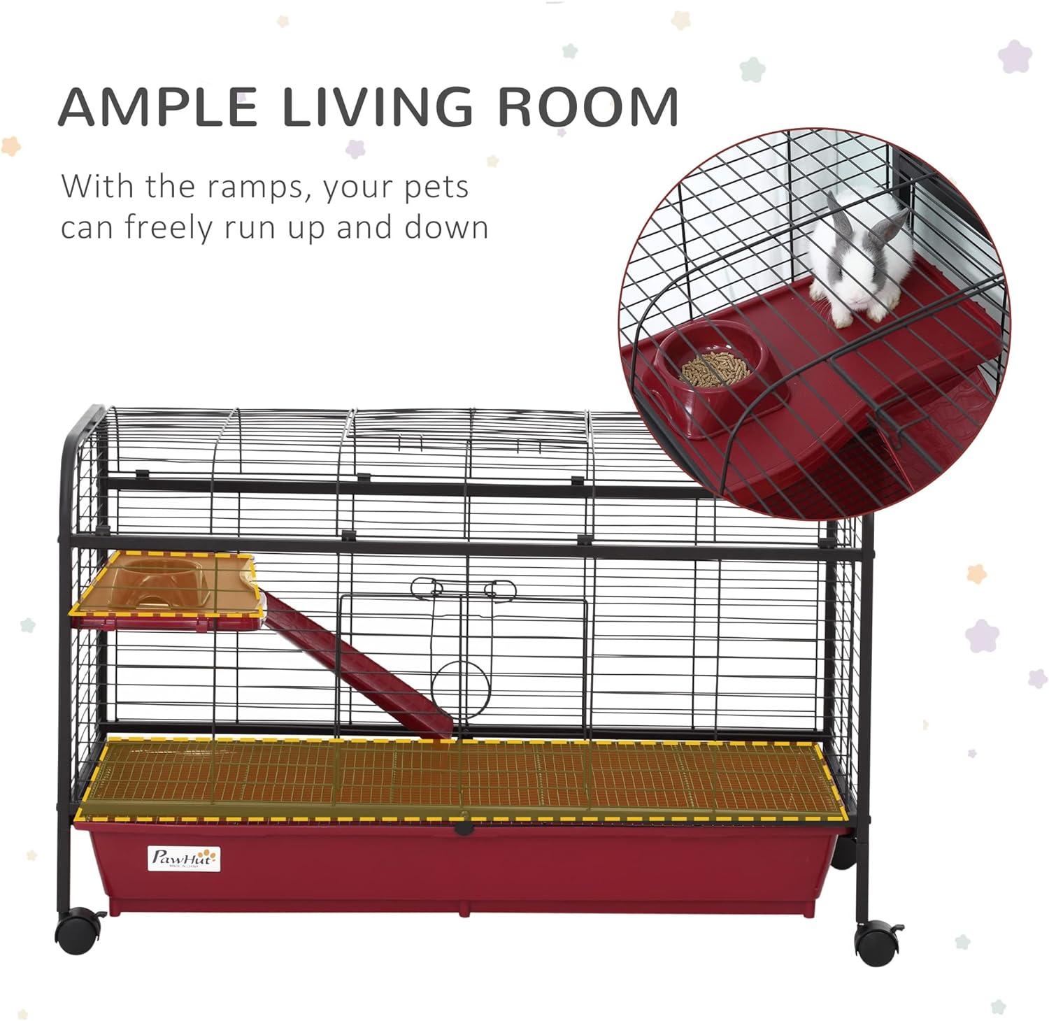 PawHut Small Animal Cage Rabbit Hutch Ferret Pet Play House with Feeder, Rolling Wheels, Platform, Ramp