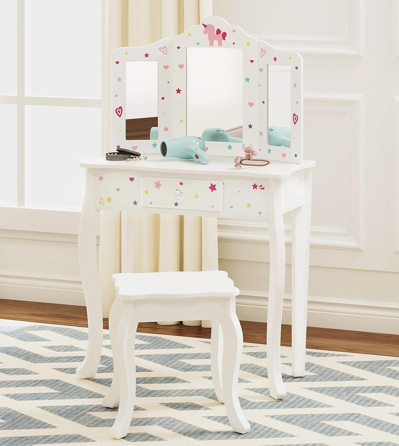 White Princess-Themed Kids Vanity Table and Chair Set with Mirror