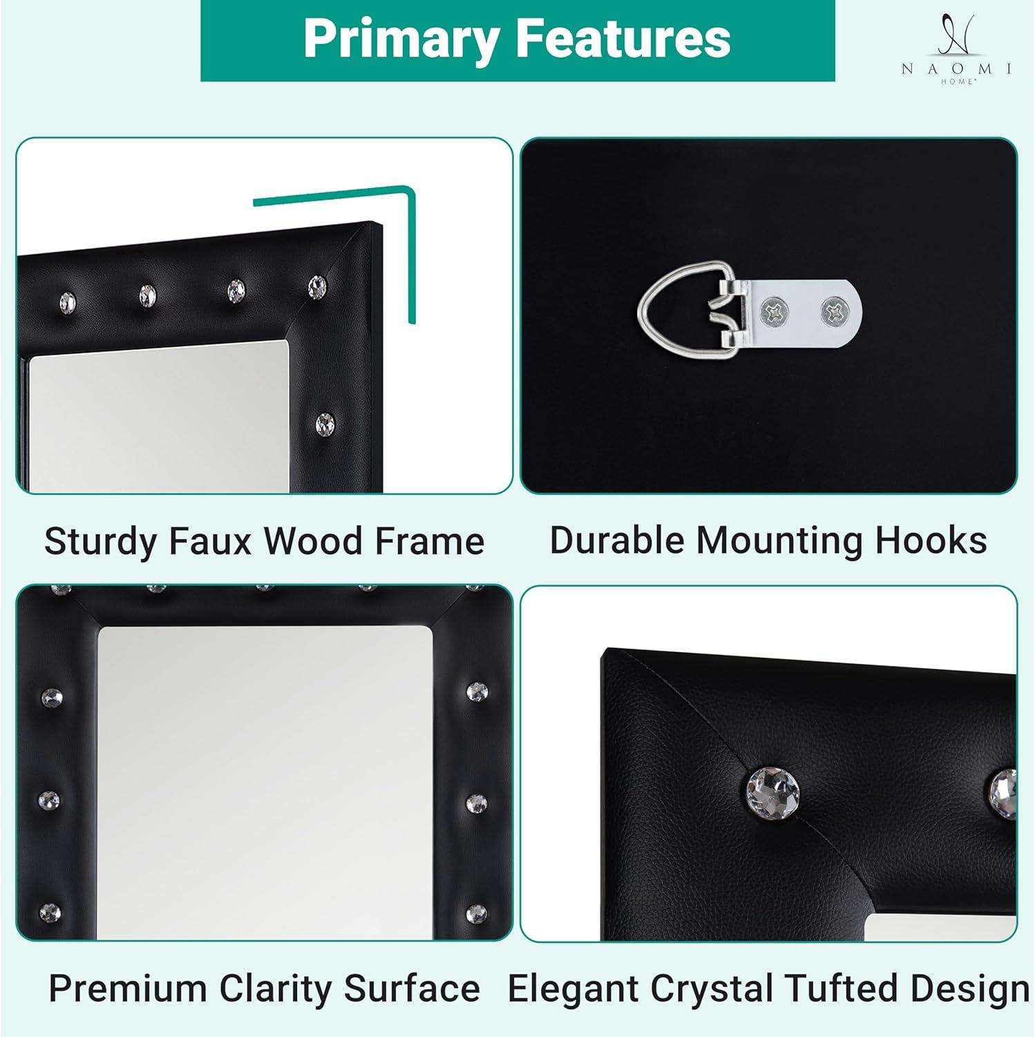 Crystal tufted Full length Mirror, Floor Mirror, Full Body Mirror for Home, Wall Mirror with Faux Wood Frame, 63"LX22"W Large Mirror for Bedroom, Leaner Mirror, Black Mirrors for Wall,