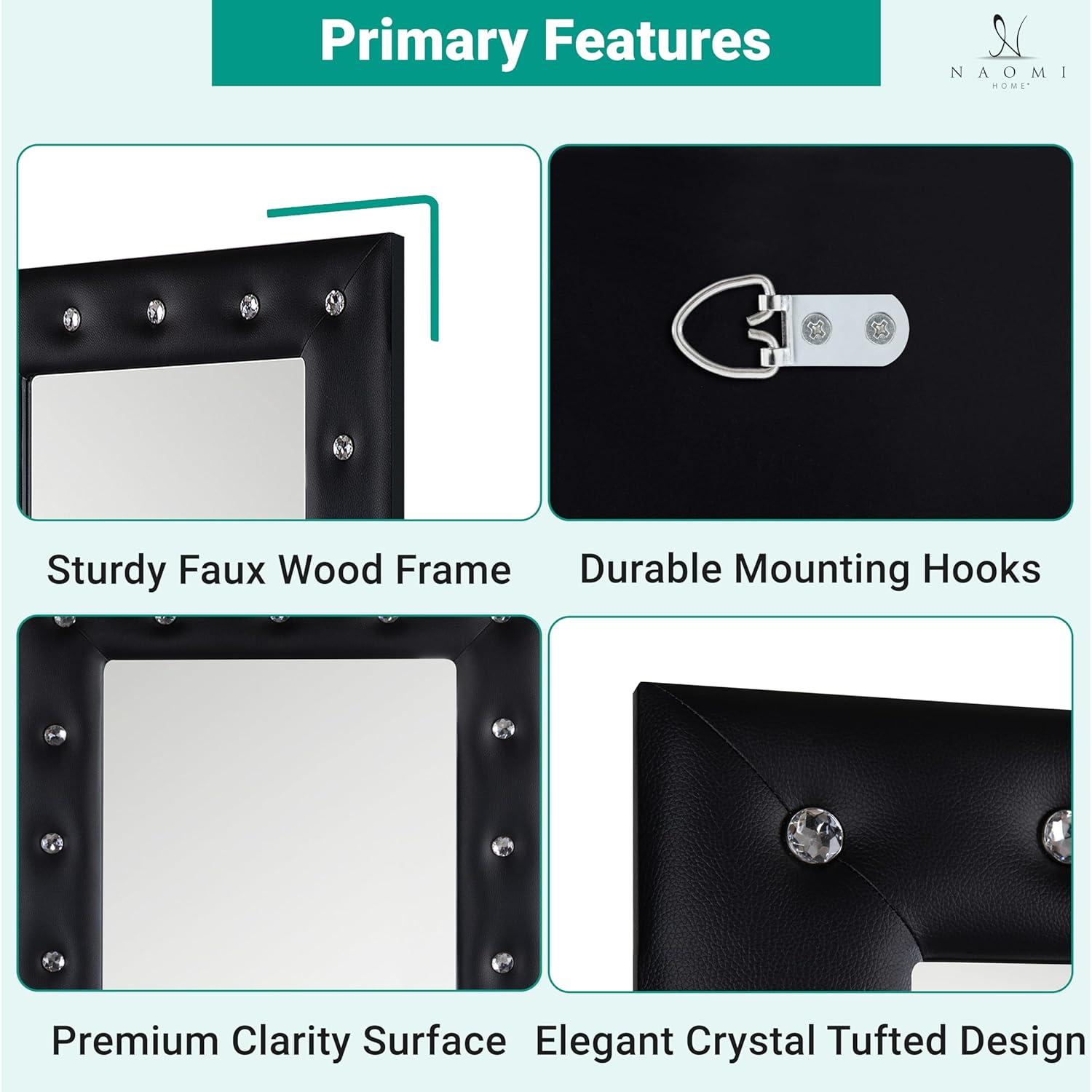 Crystal tufted Full length Mirror, Floor Mirror, Full Body Mirror for Home, Wall Mirror with Faux Wood Frame, 63"LX22"W Large Mirror for Bedroom, Leaner Mirror, Black Mirrors for Wall,