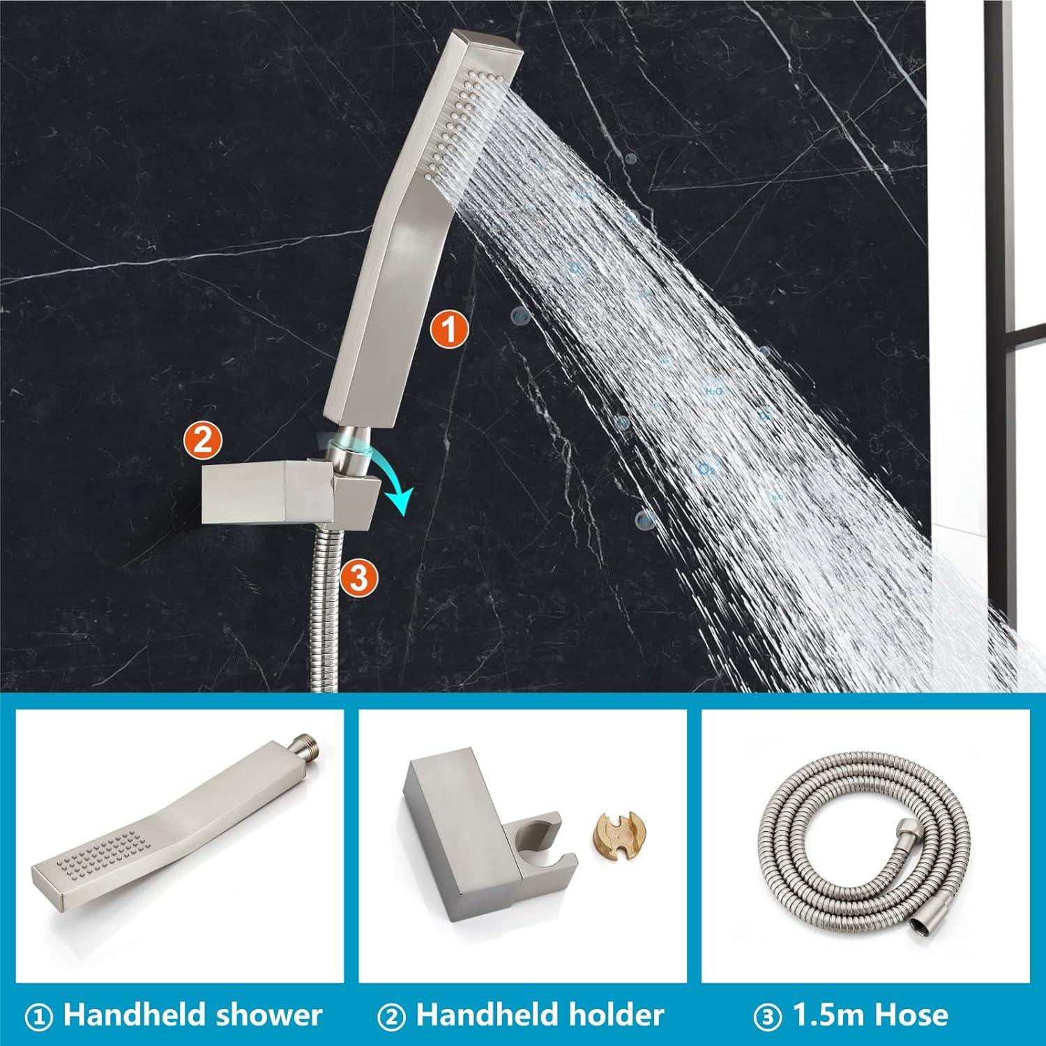 Midanya Wall Mount Bathtub Faucet with Handheld Spray Waterfall Tub Filler Single Handle Bathroom Tub Mixer Tap Hand-Shower System with Curved Spout Commercial,Brushed Nickel