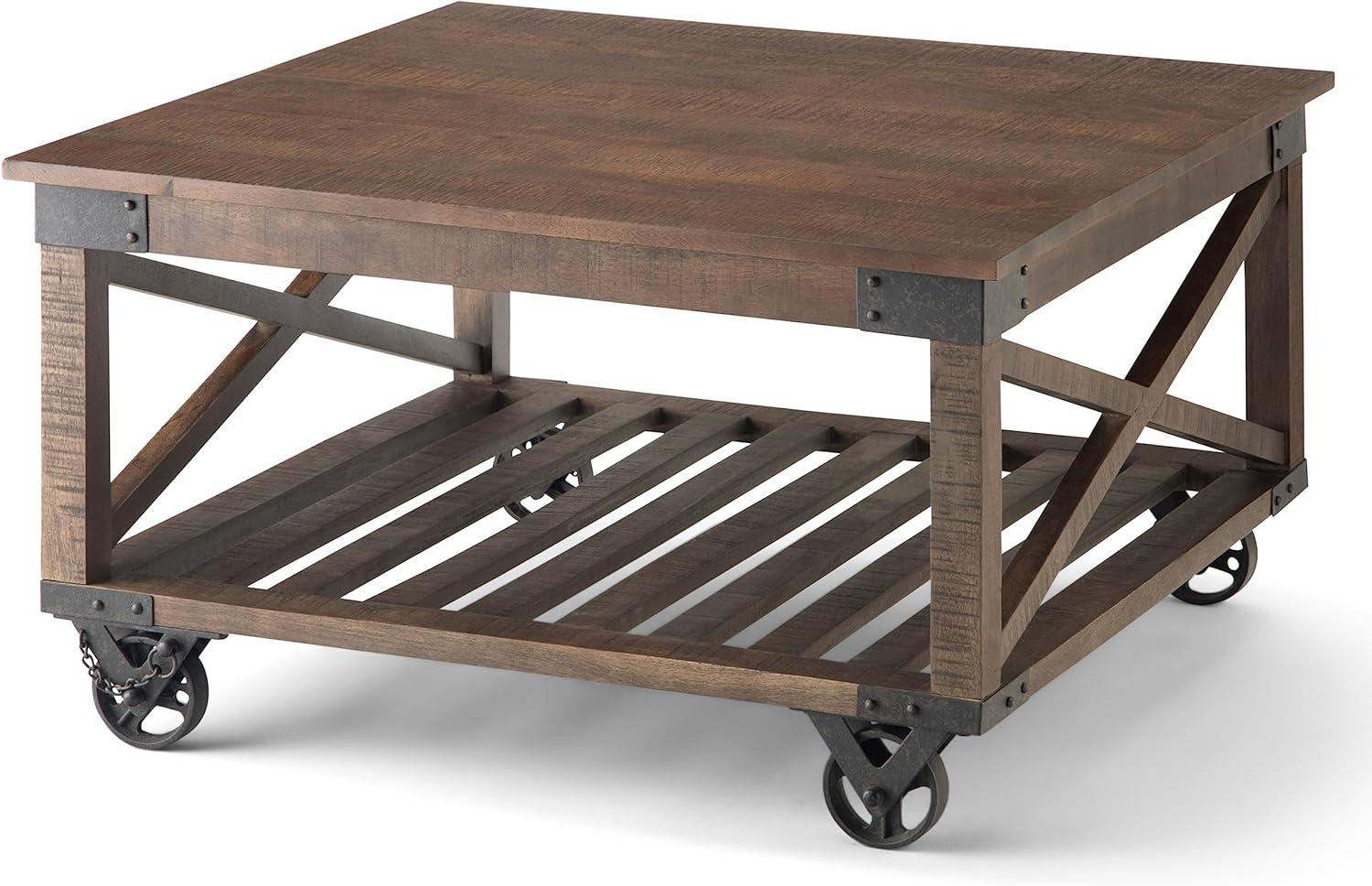 Simpli Home Harding Solid Mango Wood Square Coffee Table - Distressed Dark Brown