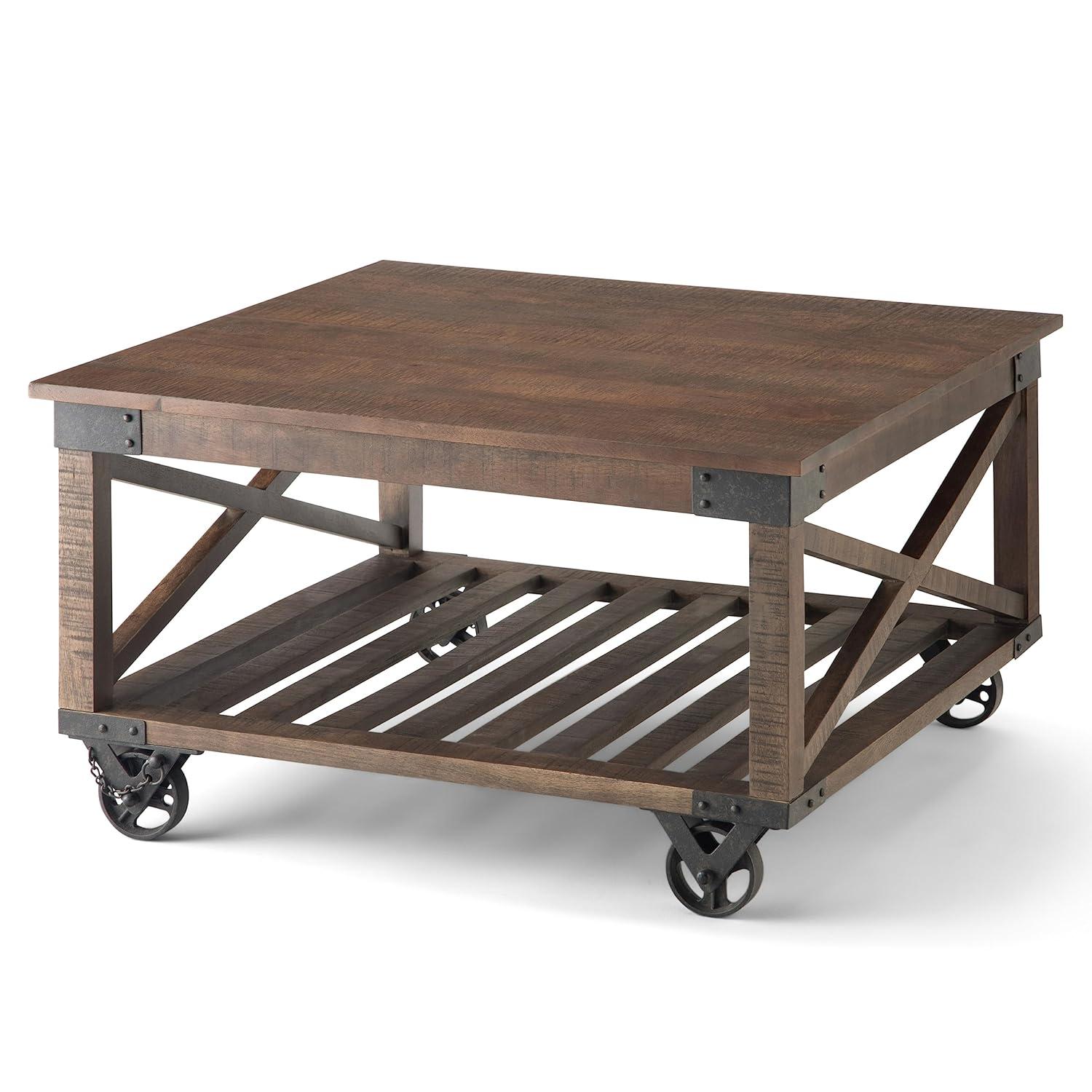 Simpli Home Harding 32"W Solid Mango Wood Industrial Square Coffee Table with Metal Accents, Open Shelf, and Iron Wheels