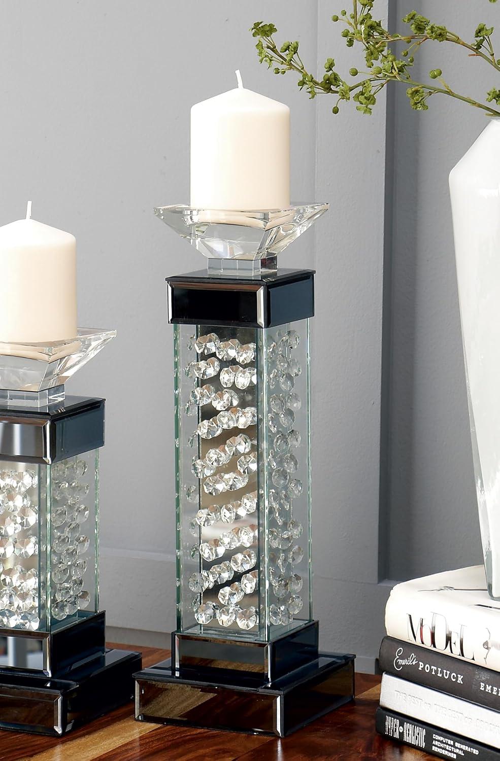 DecMode Silver Glass Pillar Candle Holder with Floating Crystals