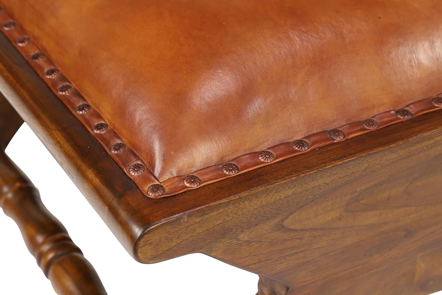 Handcrafted Brown Leather and Teak Wood Accent Chair with Ottoman