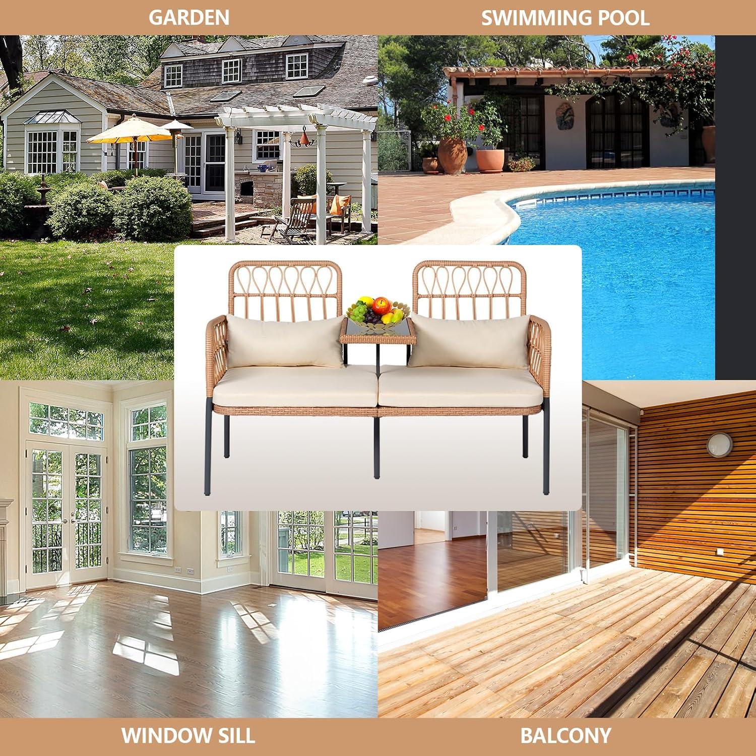 Outdoor Loveseat 2 Pieces Patio Furniture Set, Porch Furniture Wicker Large Loveseats, Patio Conversation Sets with Cushions & Lumbar Pillows and Built-in Table