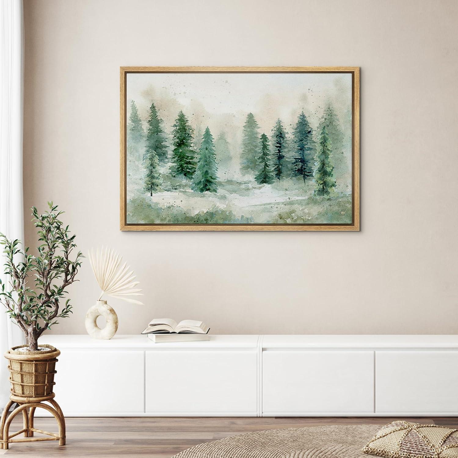 Woodland Forest Landscape " IDEA4WALL Framed Canvas Print Wall Art Woodland Nursery Decor Pastel Green Pine Tree Forest Landscape Nature Wilderness Fine Art Decorative Rustic For Living Room, Bedroom, Office "