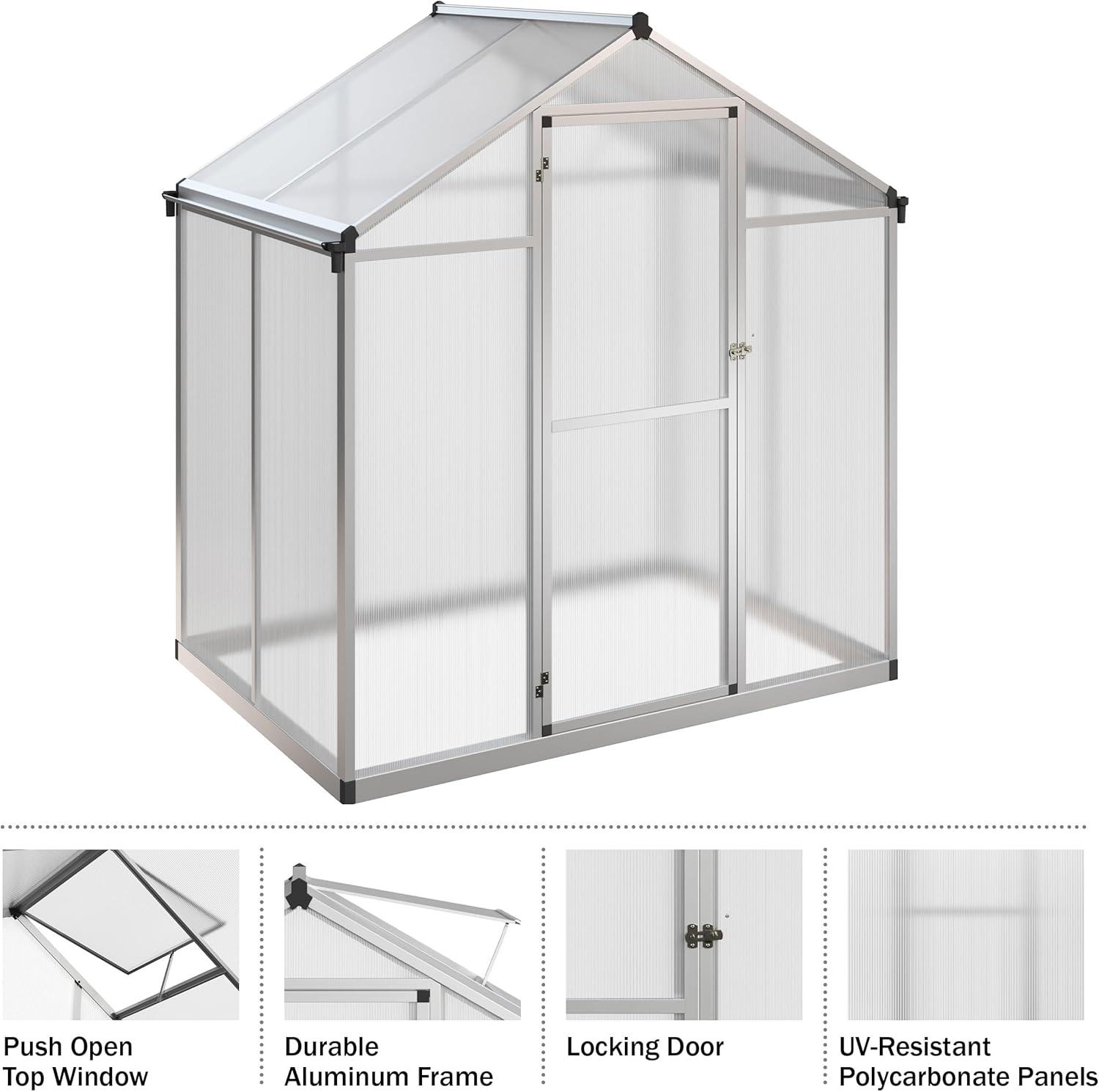 Walk In Greenhouse - 4ft x 6ft Outdoor Green House with Roof Vent and Rain Gutter - Sturdy Polycarbonate Panels with Aluminum Frame