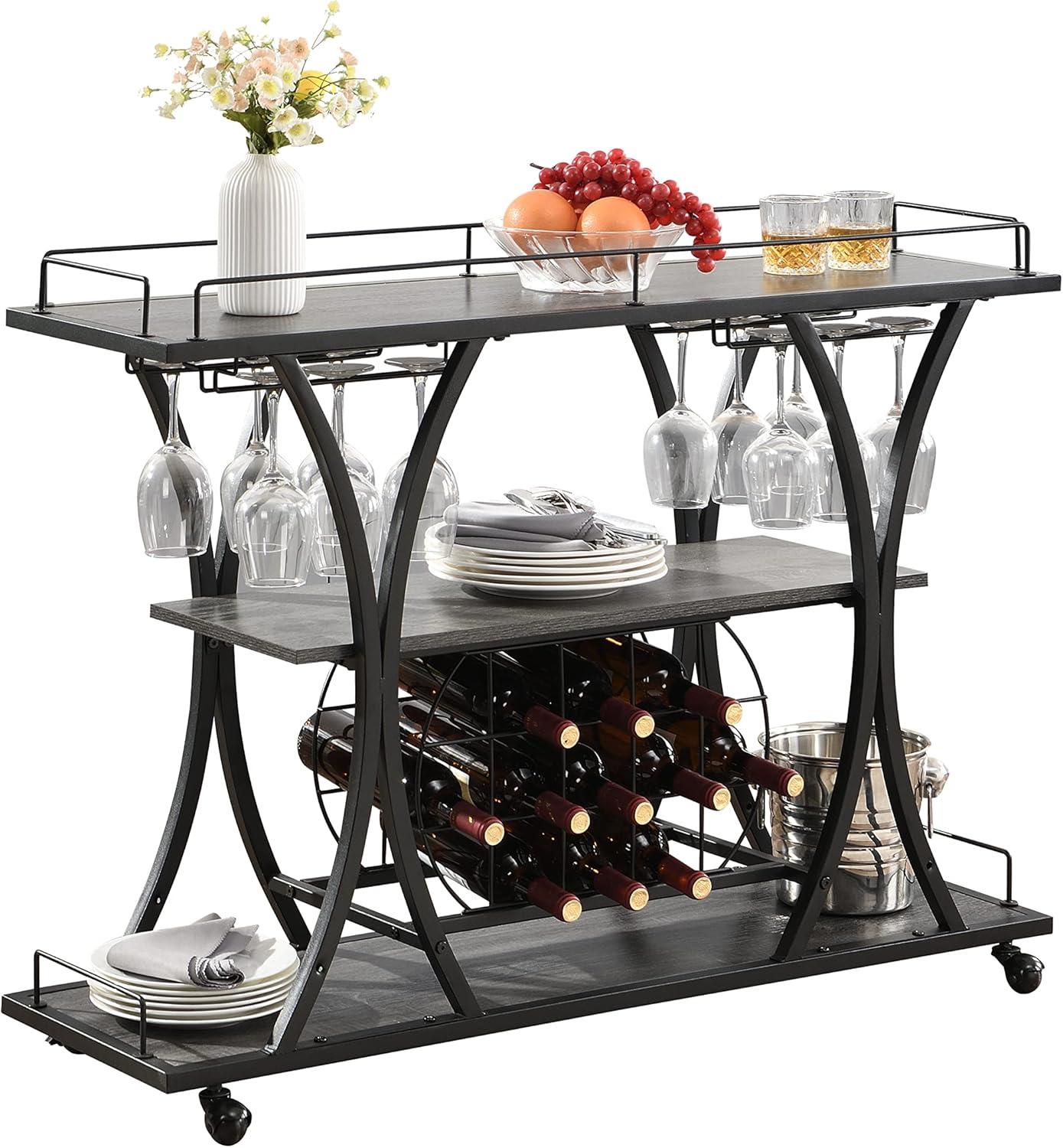 Gray Industrial Bar Cart with Wine Rack and Glass Shelf