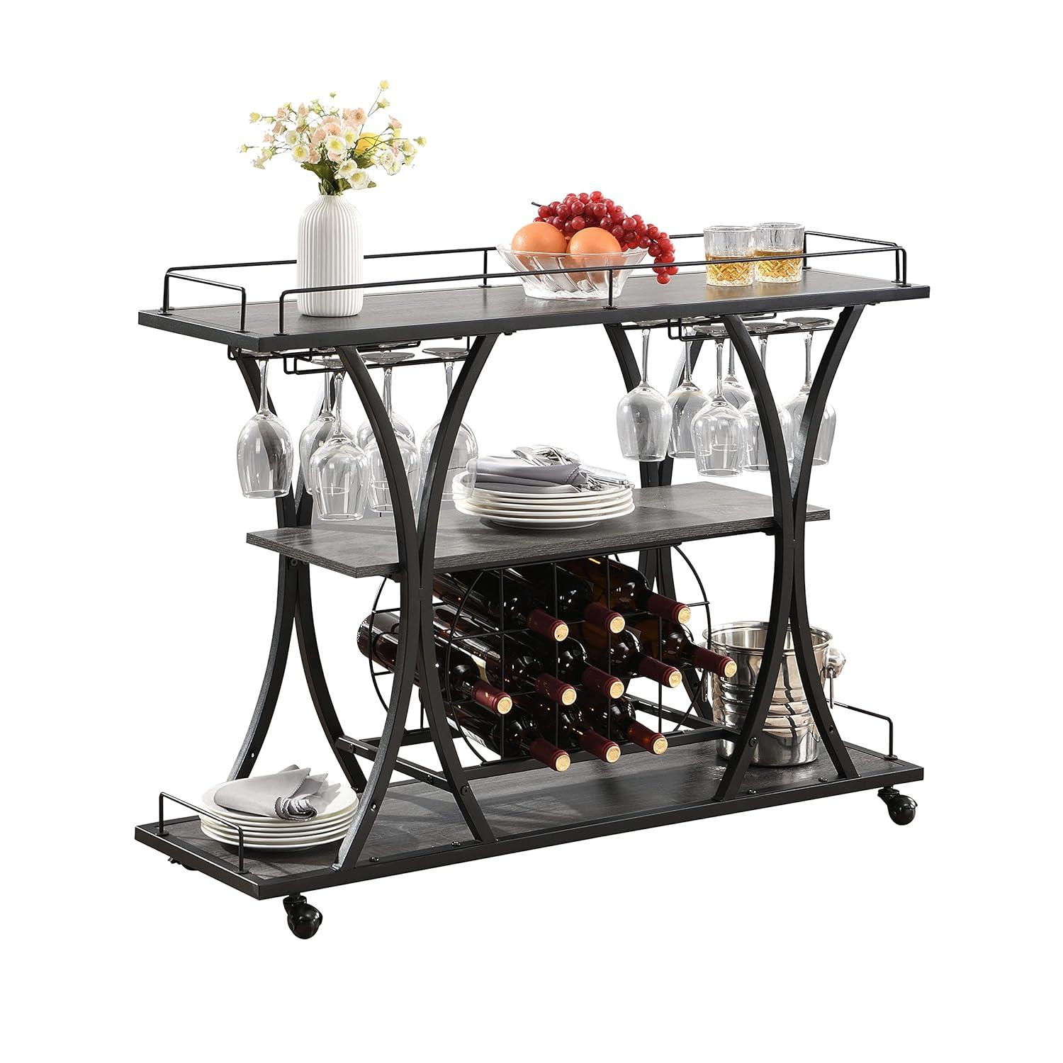 Industrial Bar Cart Kitchen Bar&Serving Cart For Home With Wheels 3 -Tier Storage Shelves