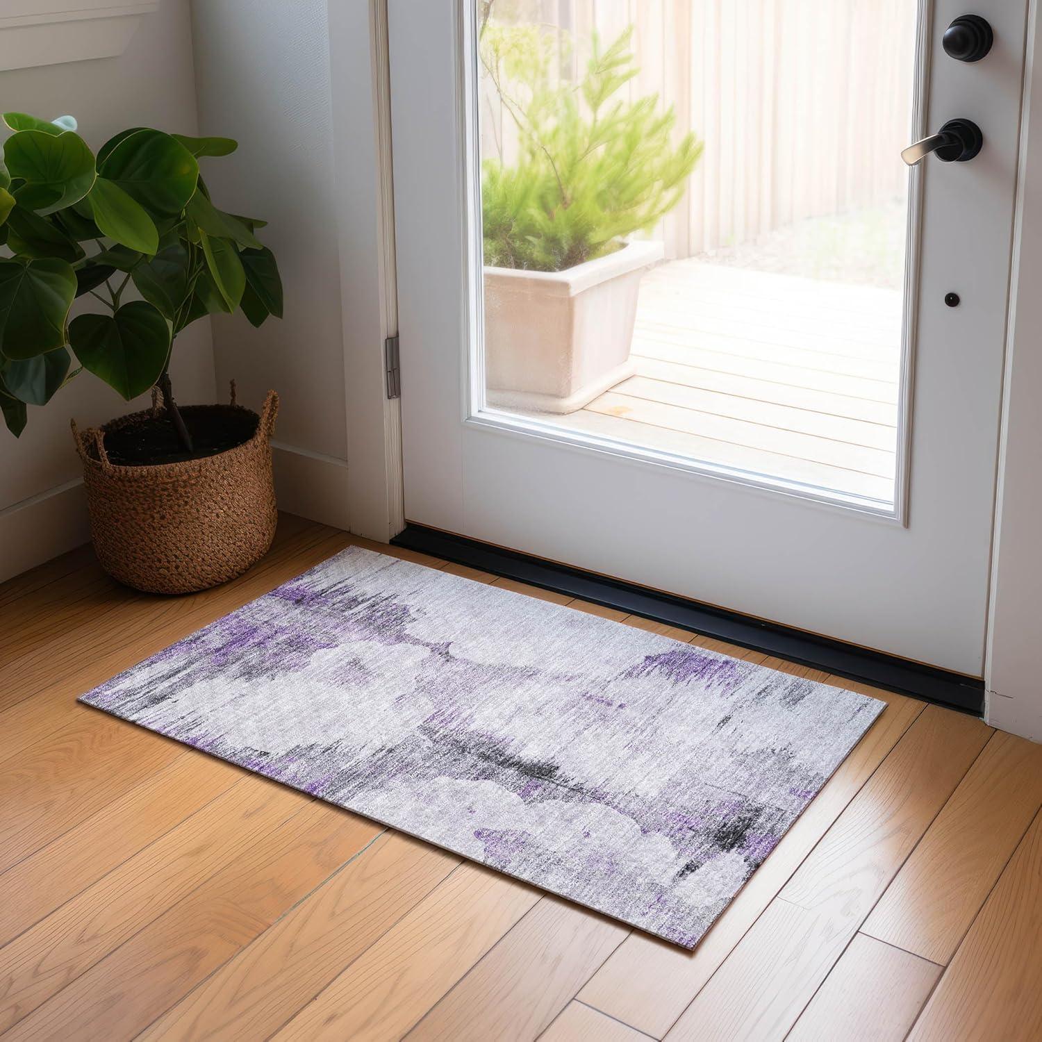 Purple and Gray Synthetic Flat Woven Rectangular Rug