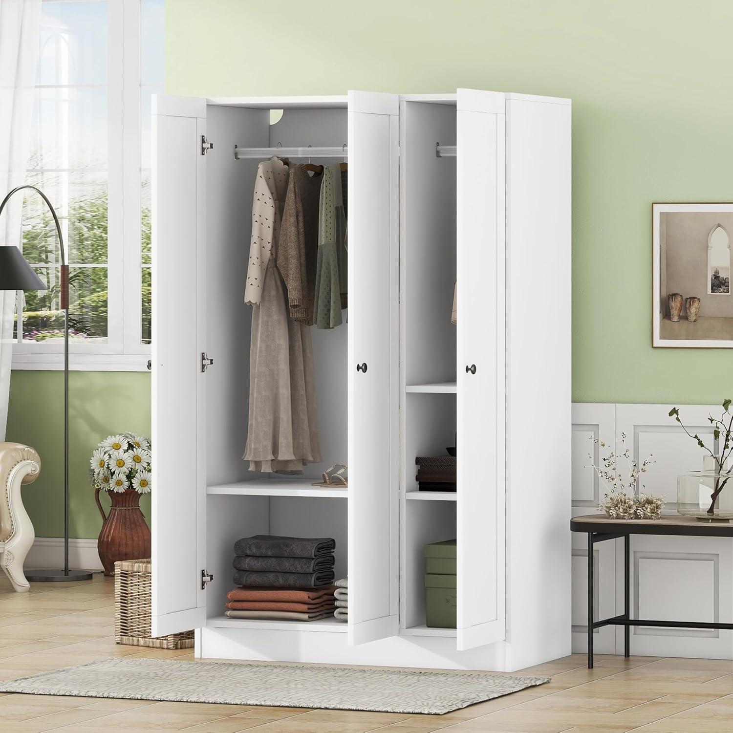 UBesGoo Large Wardrobe Armoire Wooden Closet with 3 Doors, Storage Cabinet  3 Storage Compartments, 2 Hanging Rods & Decorative Handles for Bedroom