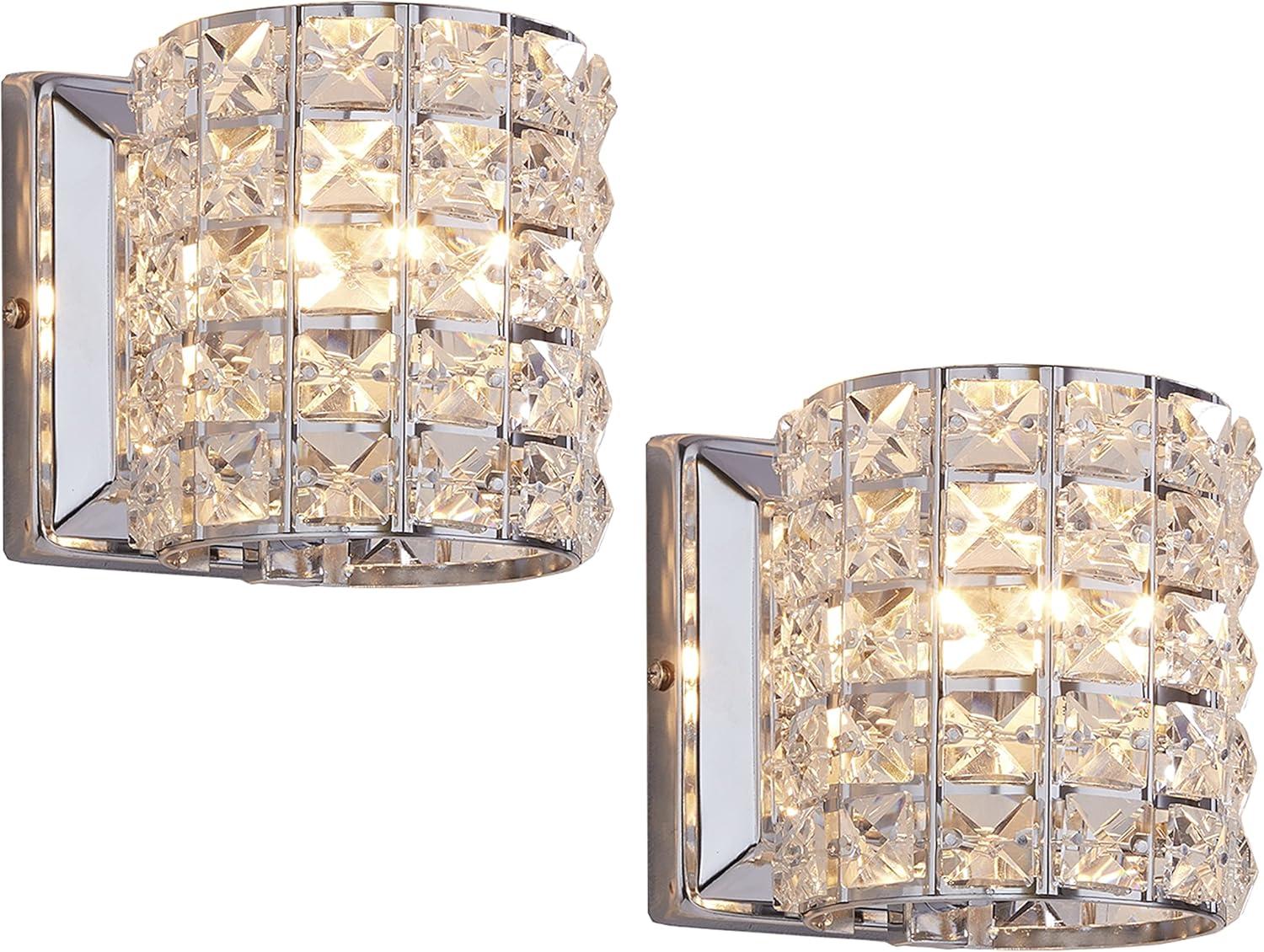 Modern Crystal and Chrome Wall Sconce Set of Two