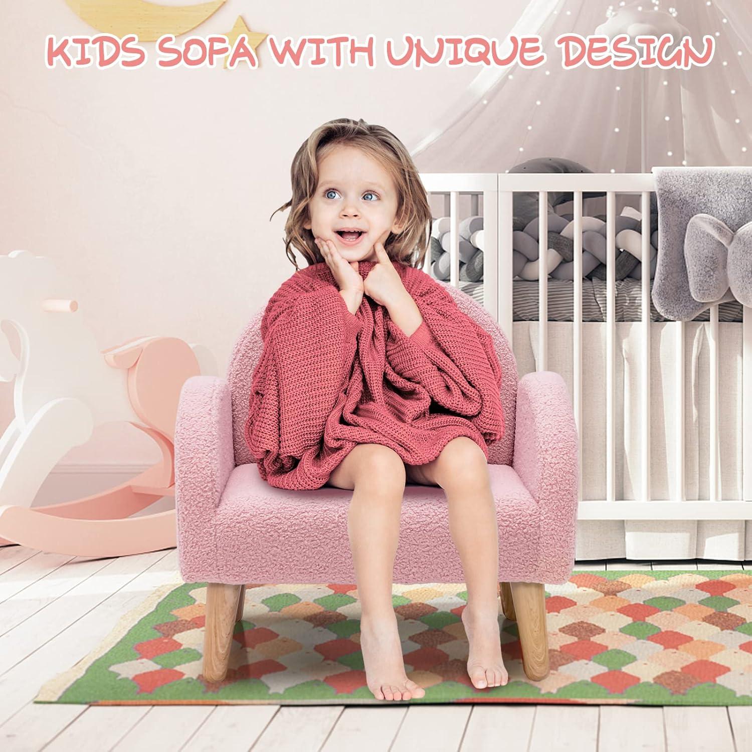 Pink Velvet Kids Armchair with Wooden Legs