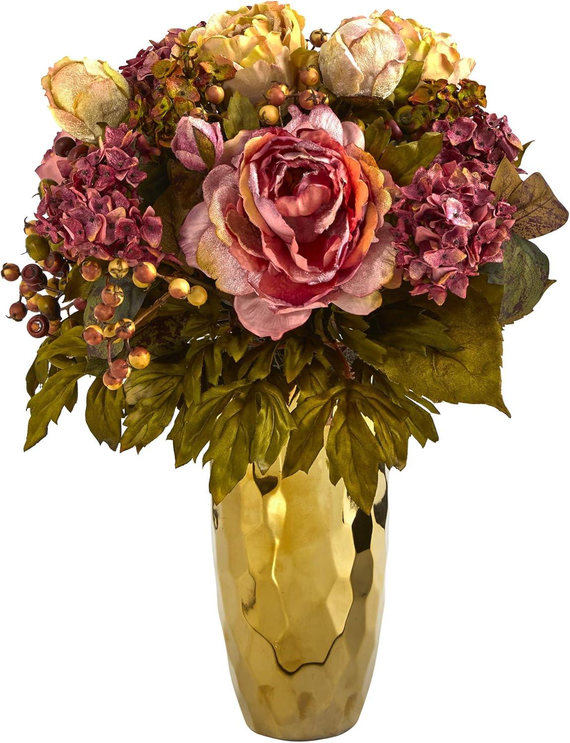 Nearly Natural  19 in. Peony Artificial Arrangement in Gold Vase