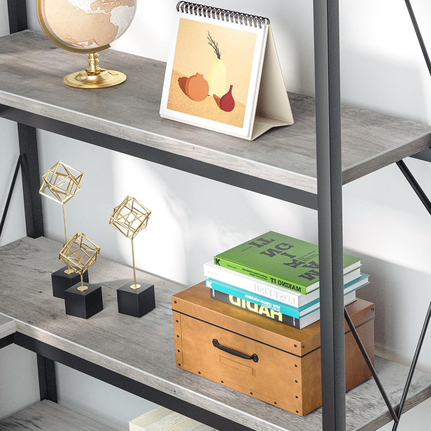 L-Shaped Corner Bookshelf, 5-Tier Industrial Bookcase with Heavy-Duty Metal Frame, Tall Storage Display Shelf for Bedroom, Living Room, and Home Office