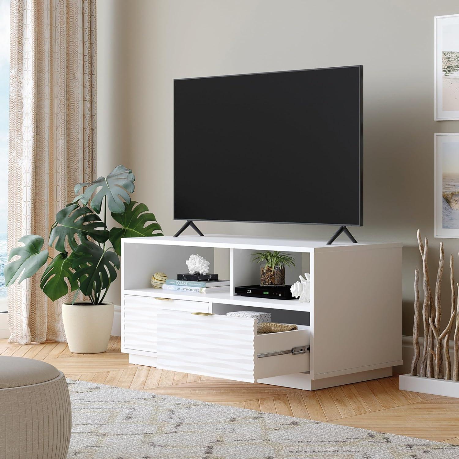 White Modern TV Stand with Drawers and Open Storage