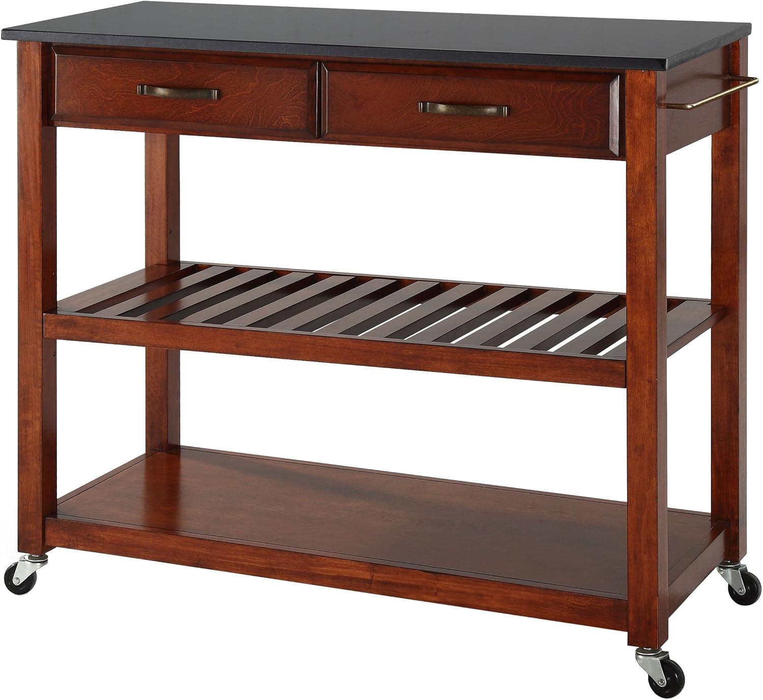 Crosley Solid Black Granite Top Kitchen Cart/Island with Optional Stool Storage Classic Cherry: Modern Rolling Furniture with Storage, 2 Shelves