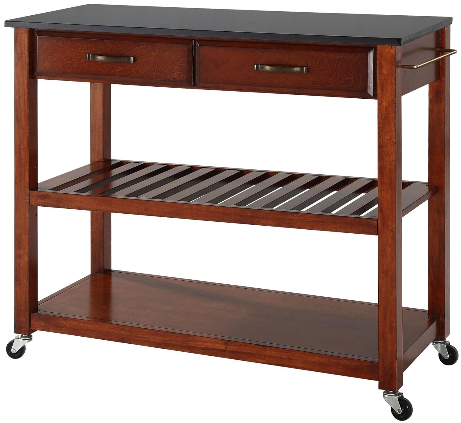 Crosley Solid Black Granite Top Kitchen Cart/Island with Optional Stool Storage Classic Cherry: Modern Rolling Furniture with Storage, 2 Shelves