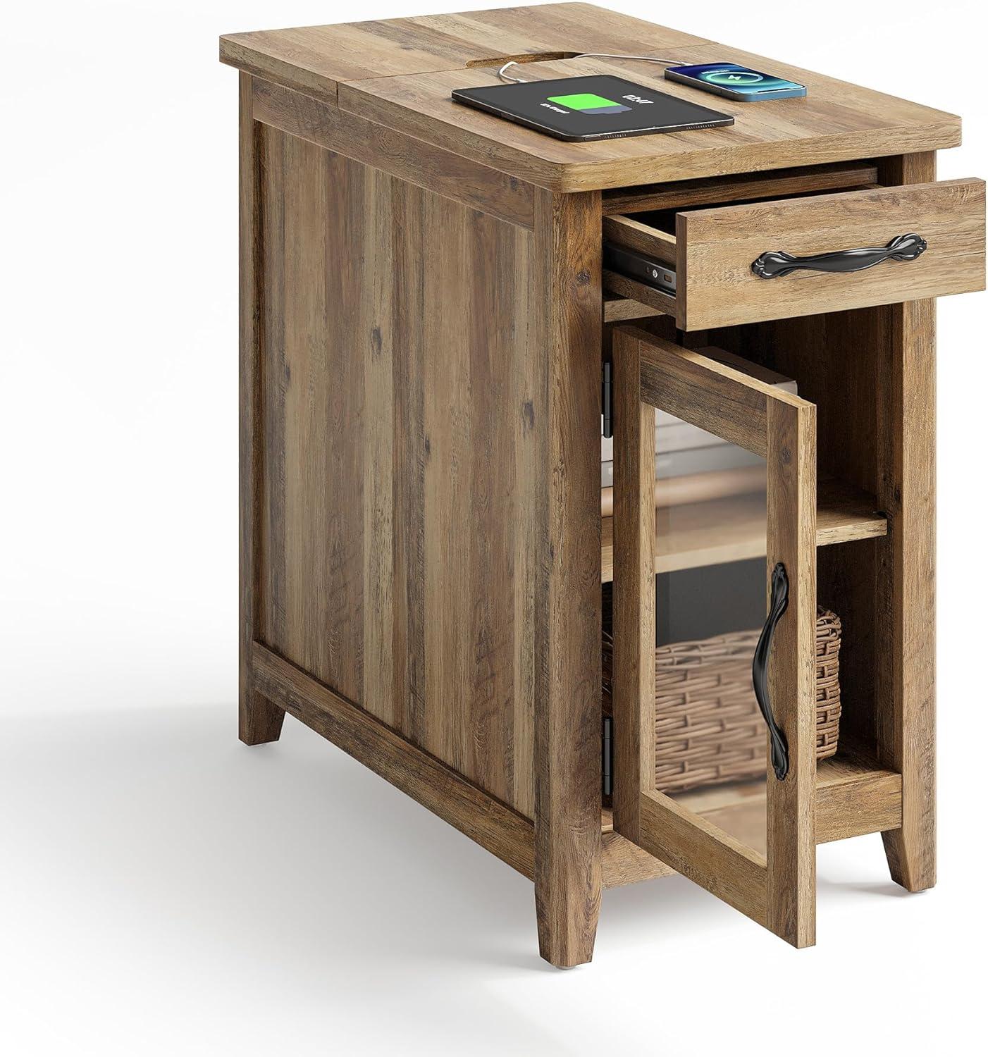 Black Wood End Table Nightstand with Charging Station