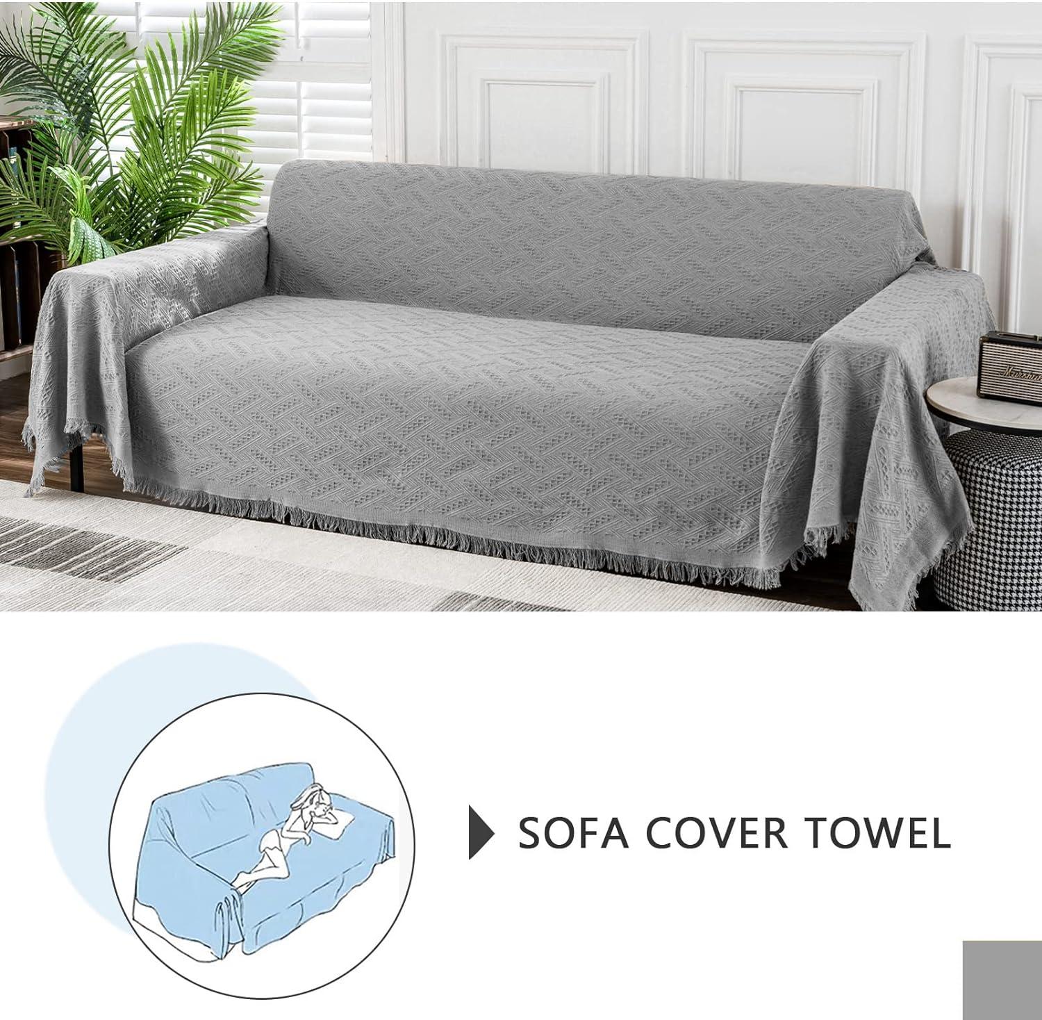 Large Gray Cotton Polyester Blend Sofa Cover with Tassels