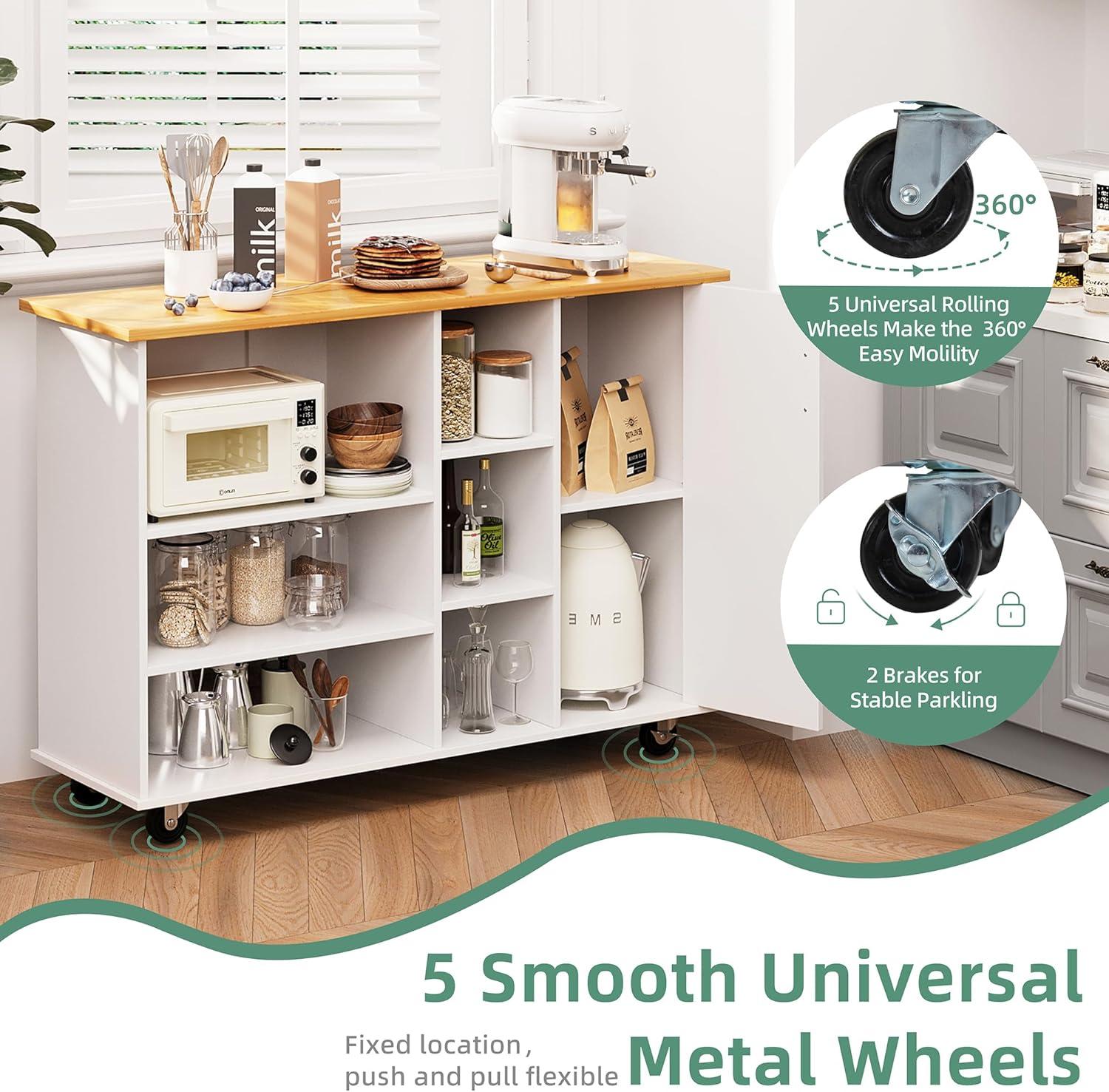 Sobaniilo Small Kitchen Island on Wheels with 3-Tier Side Spice Rack and Rubber Wood Top, Trolley Cart with Storage Cabinet & Drawer and Handle/Towel Rack, White