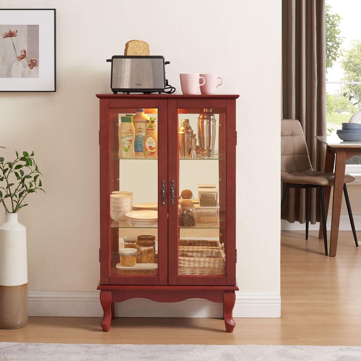 Miniyam Lighted Curio Display Cabinet with Tempered Glass Doors,Curio Cabinets with Mirrored Back Panel and Adjustable Shelves,Bulb Included,Cherry