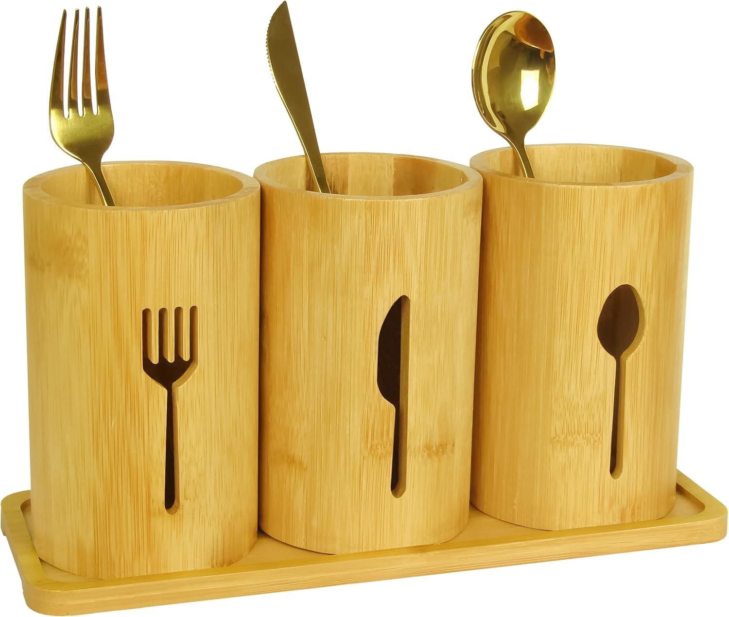 Bamboo Polished Utensil Caddy with Tray