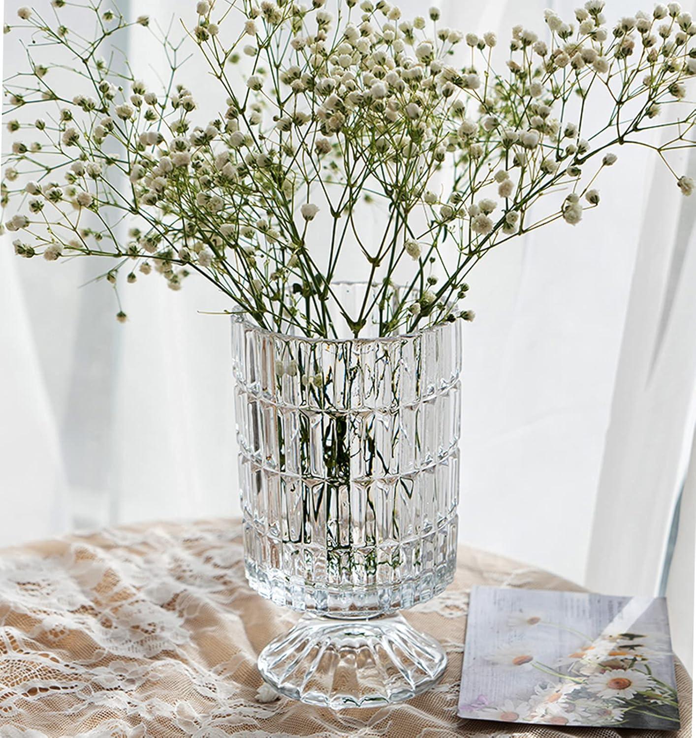 7 Inch Modern Glass Vase with Embossed Ribbed Base - Clear Hydroponic Design for Home Decor, Weddings Party Living Room, Dining Table Floral Arrangement Centerpiece