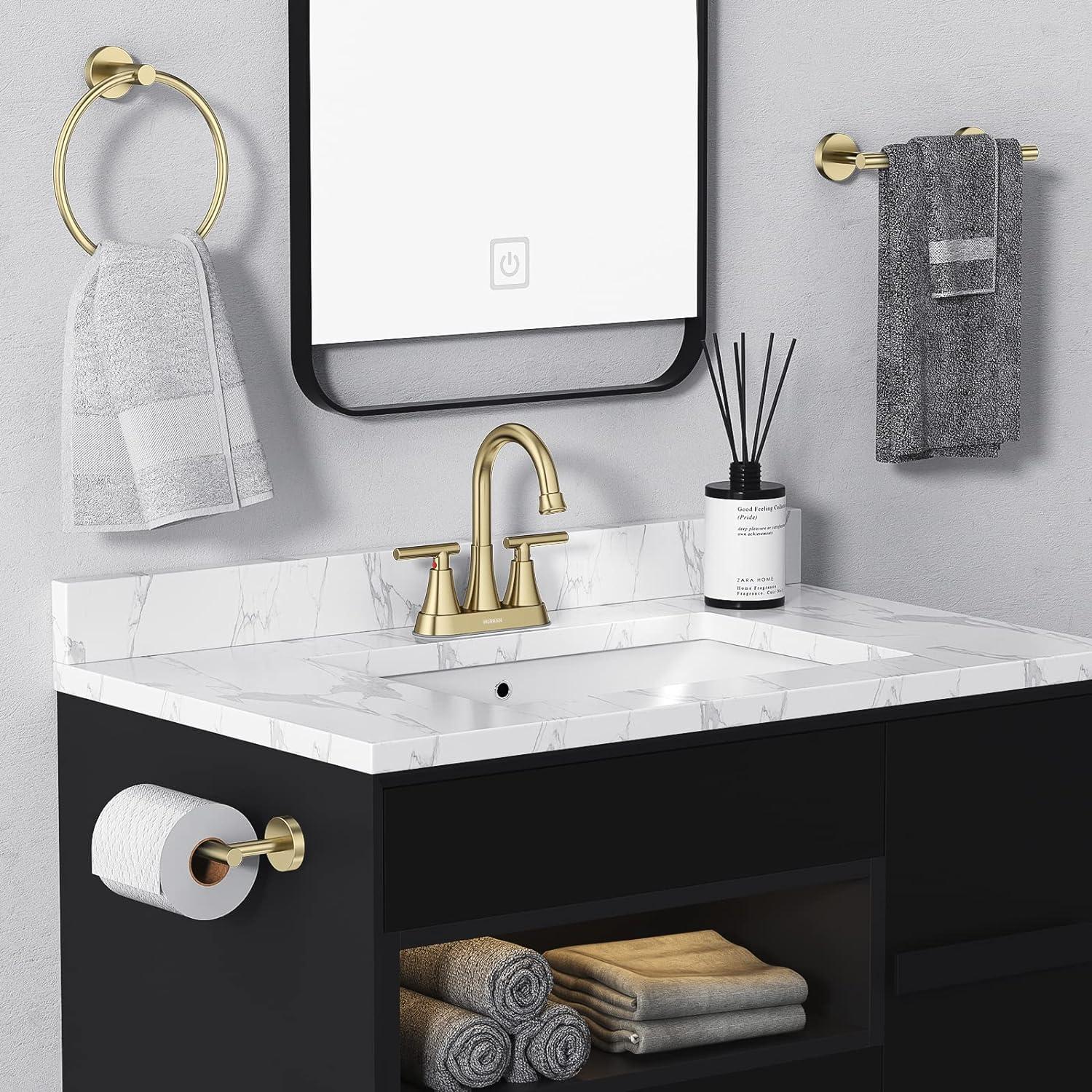 4-Inch Brushed Gold Stainless Steel Bathroom Faucet Set