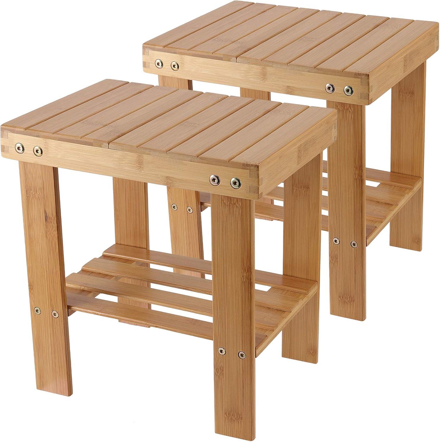 2 Pack Bamboo Step Stool, Bamboo Shower Bench, Bamboo Foot Stool, Bamboo Seat Stool for Home, Garden, Living Room, Kitchen, Bathroom, Bedroom