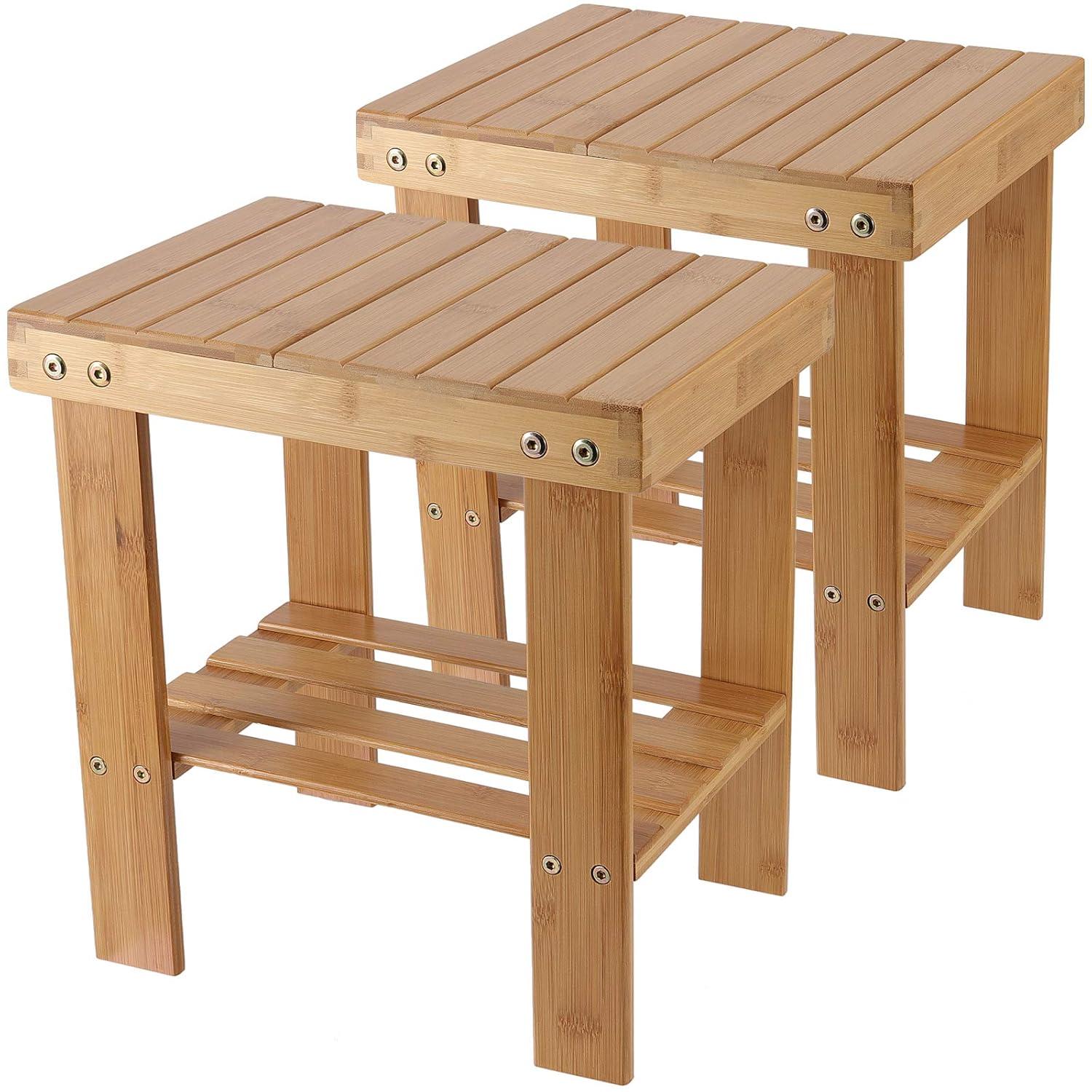 2 Pack Bamboo Step Stool, Bamboo Shower Bench, Bamboo Foot Stool, Bamboo Seat Stool for Home, Garden, Living Room, Kitchen, Bathroom, Bedroom
