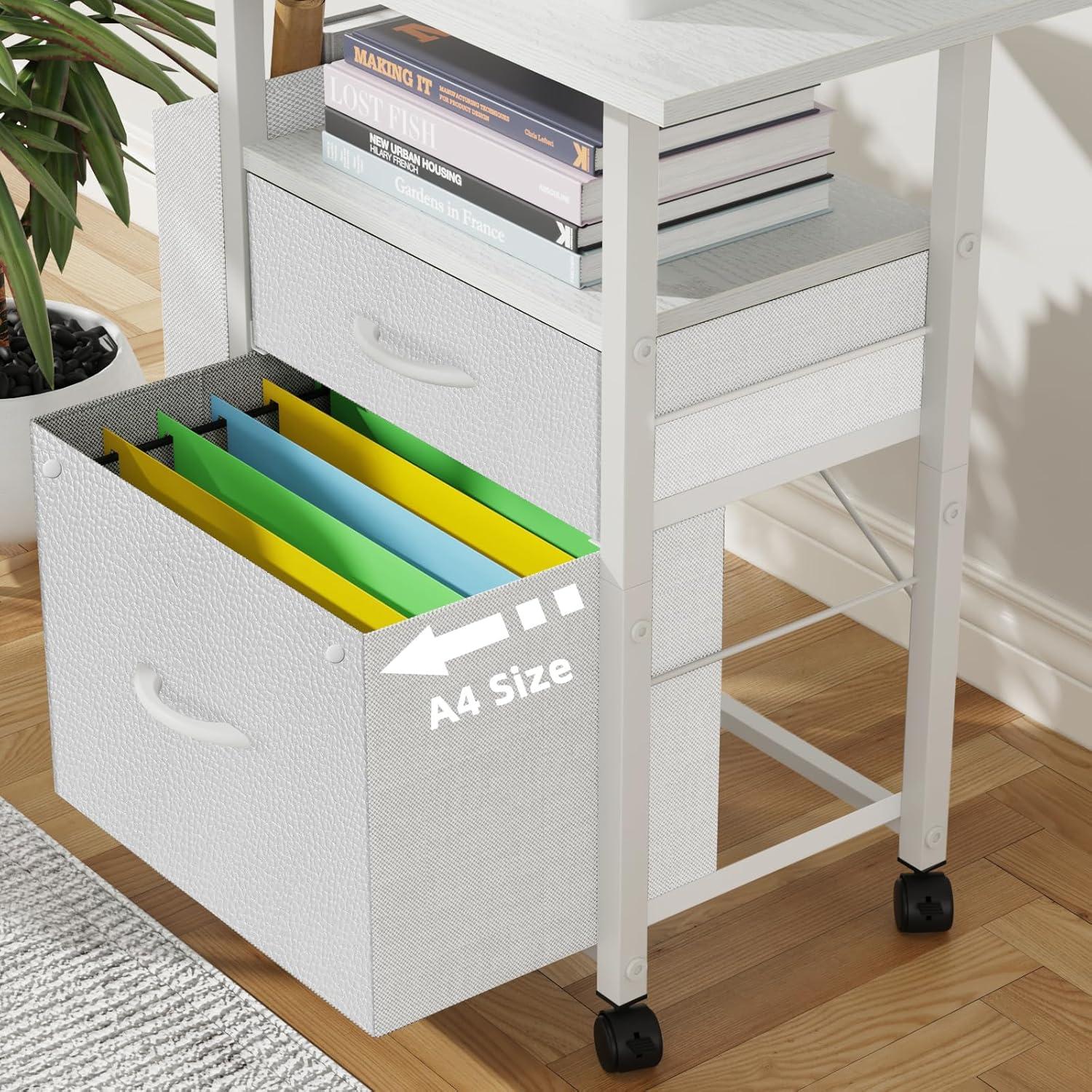 Cabinet with 24'' Wide Desktop, 2 Fabric Drawer Filing Cabinet with Side Bag, Rolling Storage Organizer for Home Office, Vertical Printer Stand, Fits A4/Letter Size (White)