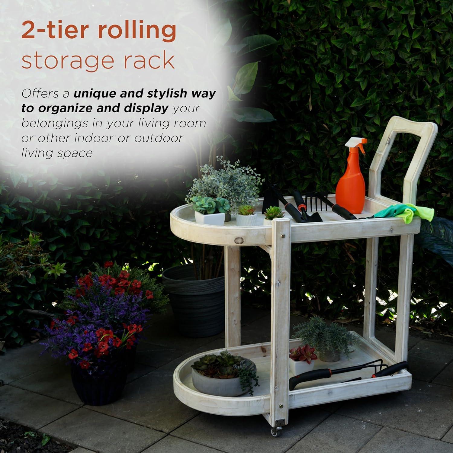 Alpine Corporation MBB174 Wood 2-Tier Rolling Storage Cart for Books, Plants, Decor, Rustic Storage Push Cart with 2 Shelves