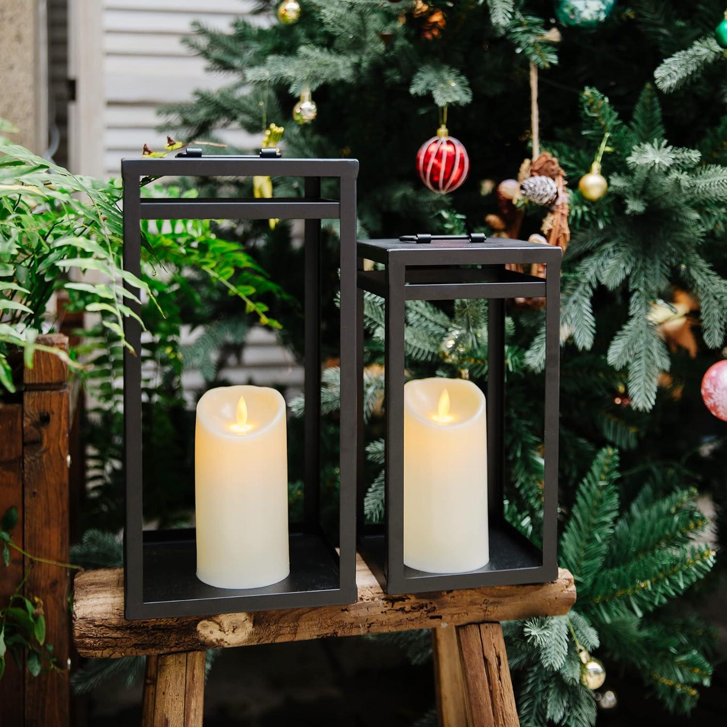 Black Metal LED Candle Lanterns Set with Timer, 15.8'' & 12.6''