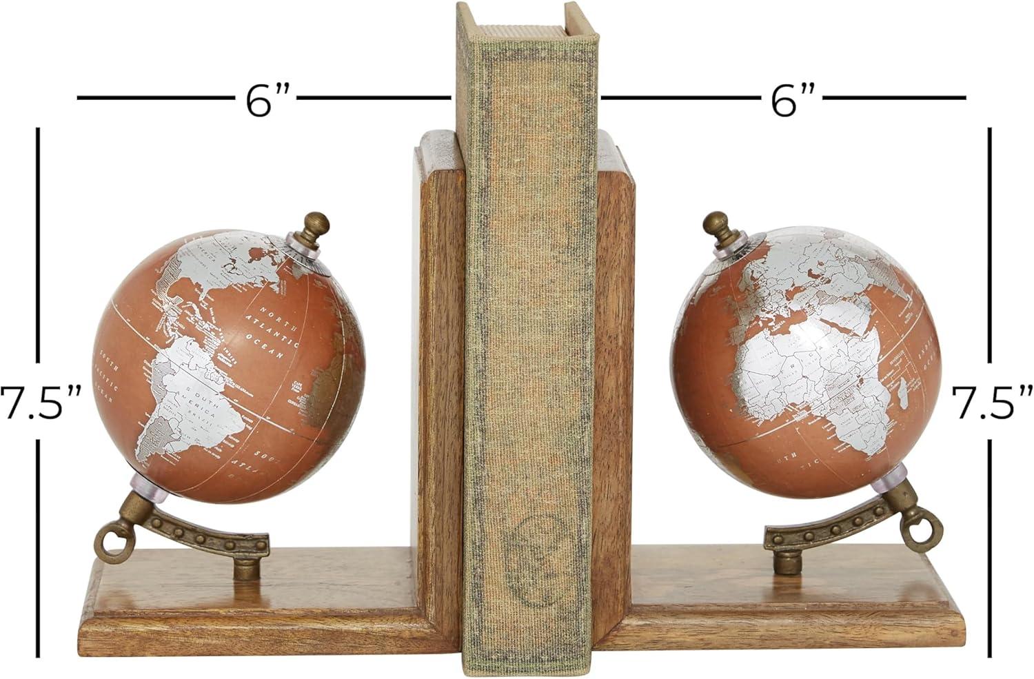 DecMode 6" Globe Brown Wood Bookends (Set of 2)