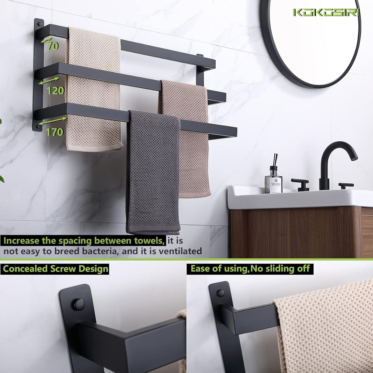 KOKOSIRI Bath Towel Bars Matte Black Bathroom 3-Tiers Ladder Towel Rails Wall Mounted Towels Shelves Rack Stainless Steel B5002BK-L24