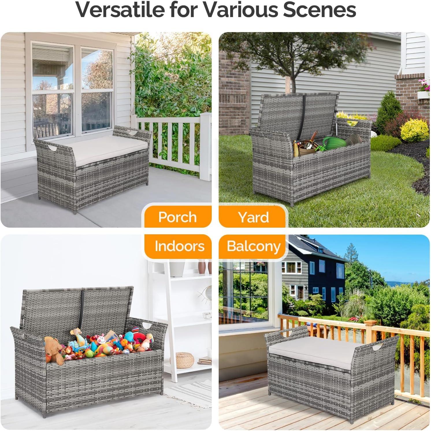Gray Wicker Outdoor Storage Bench with Cushion