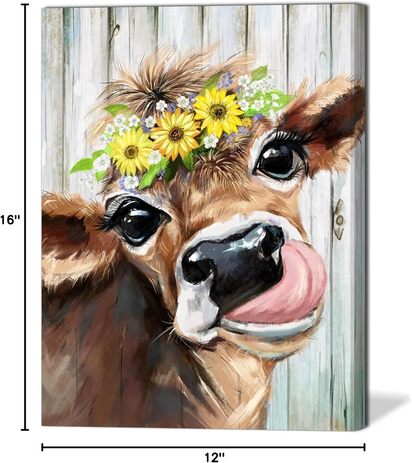ERYOGS Country Cow Decor Farmhouse Kitchen Wall Pictures Rustic Cute Brown Wearing a Wreath Decoration Canvas Artwork Printed & Ready to Hang for Bedroom Bathroom -12x16