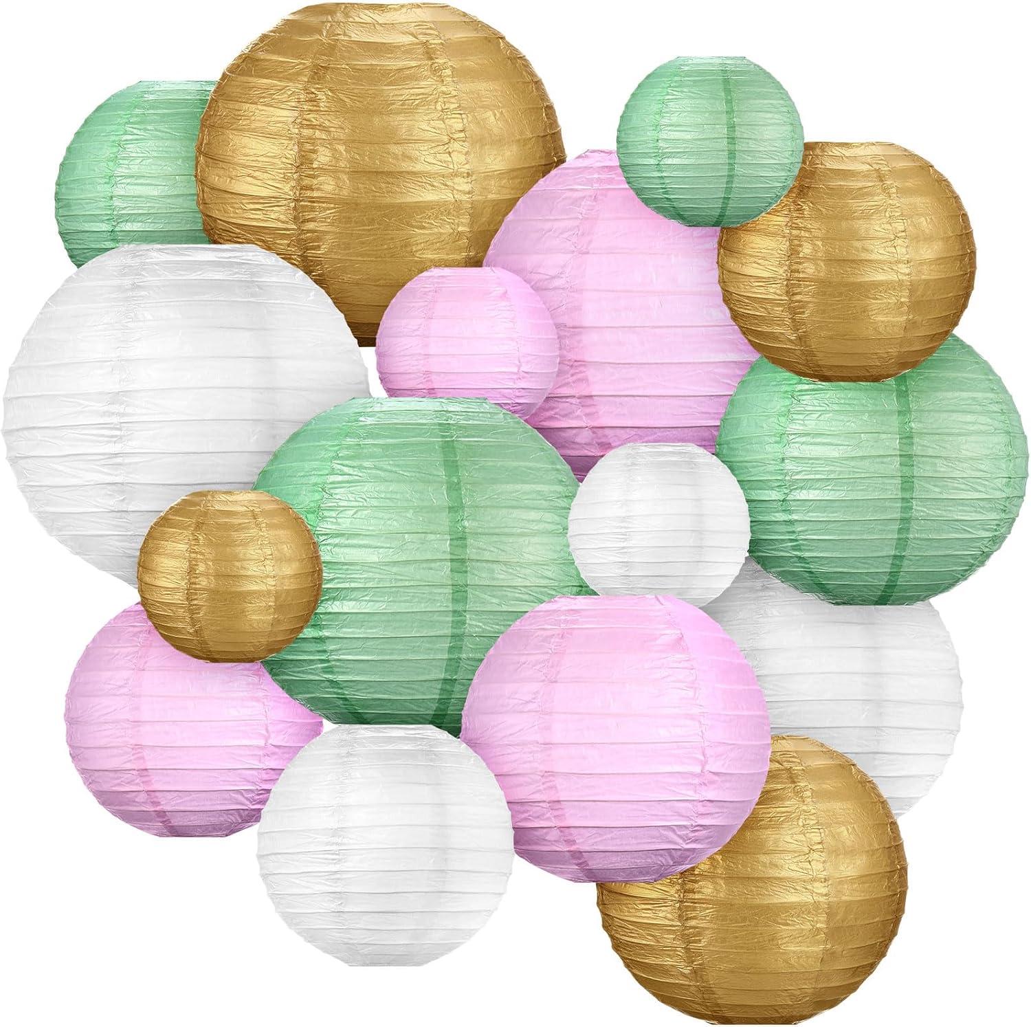 Riakrum 16 Pcs Sage Green Gold Pink Paper Lanterns Party Decorations Mixed Size 6'' 8'' 10'' 12'' Chinese Hanging Round Lanterns for Baby Shower Birthday Wedding Home Decorations Supplies