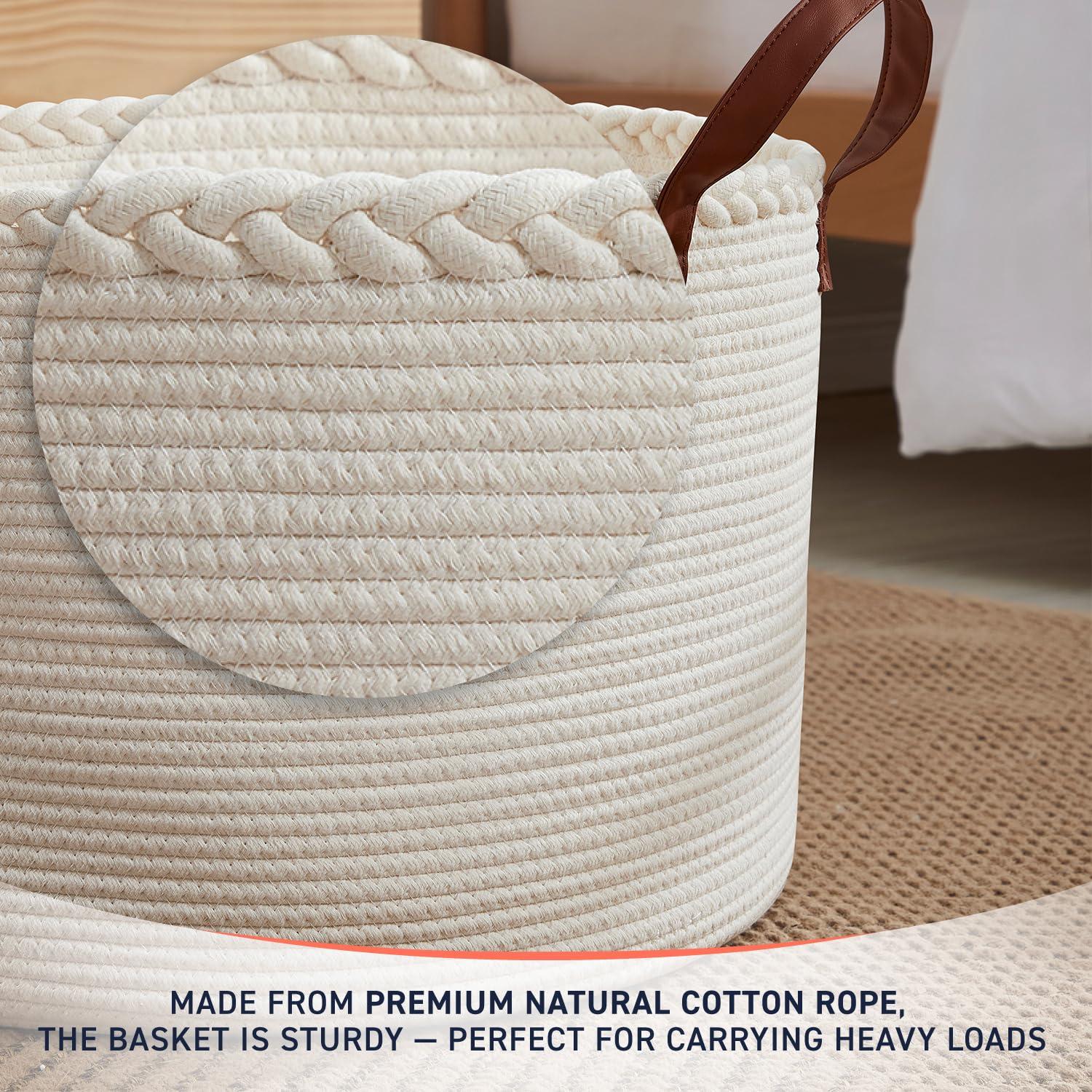XLarge Round Cotton Rope Storage Basket Bin Organizer Laundry Hamper with Leather Handles, 21 x 21 x 14, Extra Large Blanket Woven Toy Basket for Baby Nursery - Cream