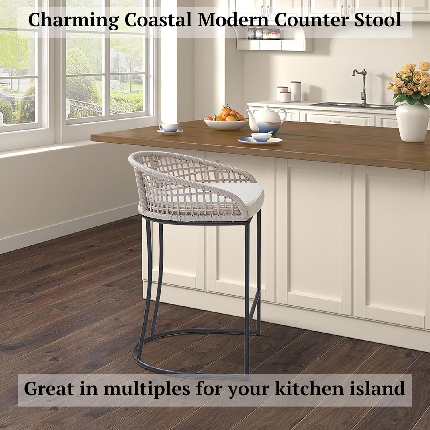 25" Rosita Woven Counter Height Barstool Natural - Madison Park: Chic Coastal, Metal Base