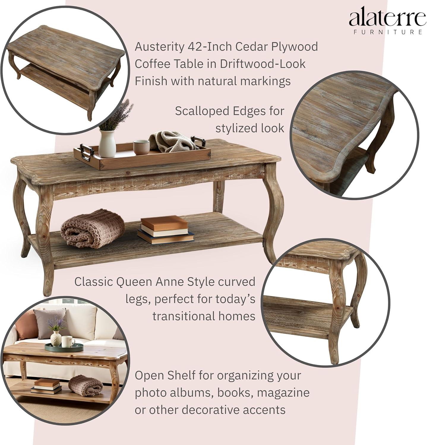 Alaterre Austerity Wood Coffee Table with Open Shelf, Driftwood Natural Finish, Accent & Occasional Furniture, Assemble Required