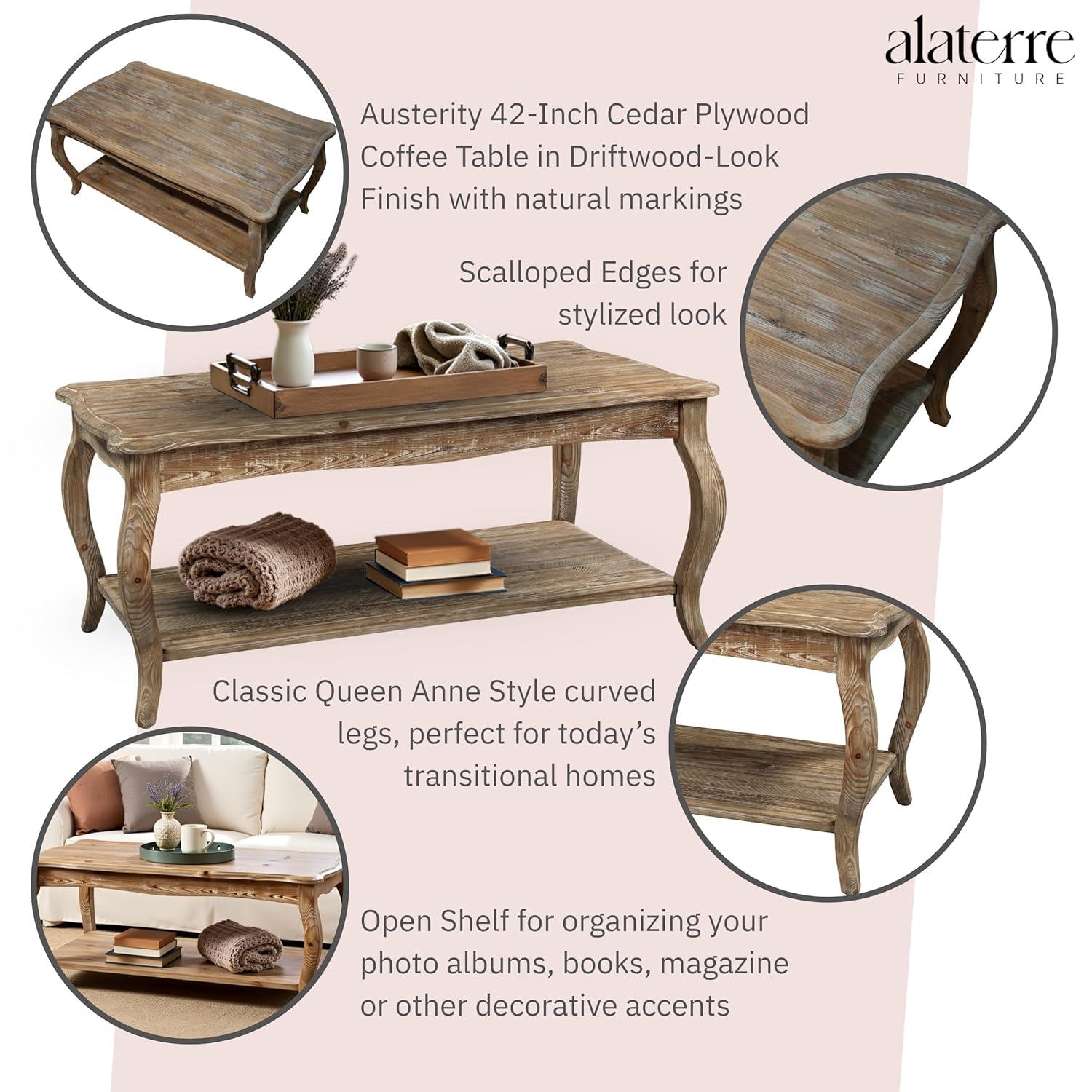 Alaterre Austerity Wood Coffee Table with Open Shelf, Driftwood Natural Finish, Accent & Occasional Furniture, Assemble Required