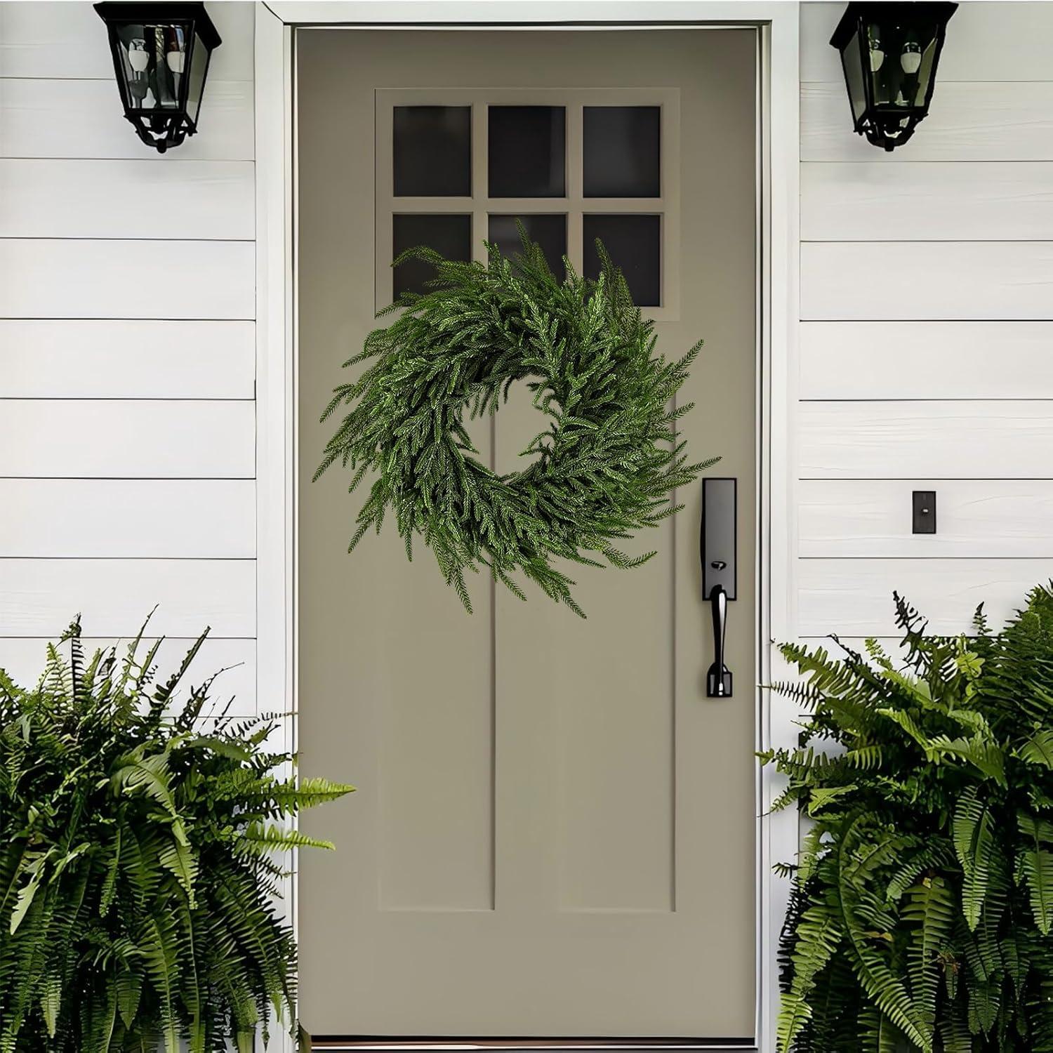 MUYIER 24" Real Touch Norfolk Pine Wreath for Front Door Artificial Christmas Wreath Green Faux Pine Wreath